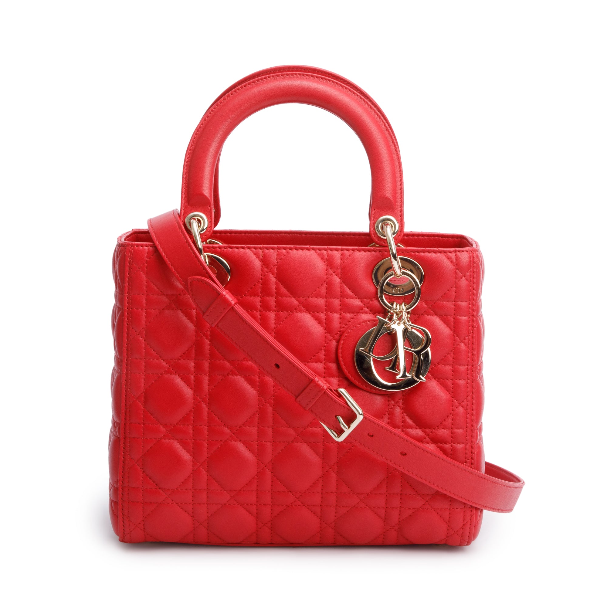 Christian Dior Red Cannage Lambskin Leather Small Lady Dior Bag w/ Strap & Authenticity Card