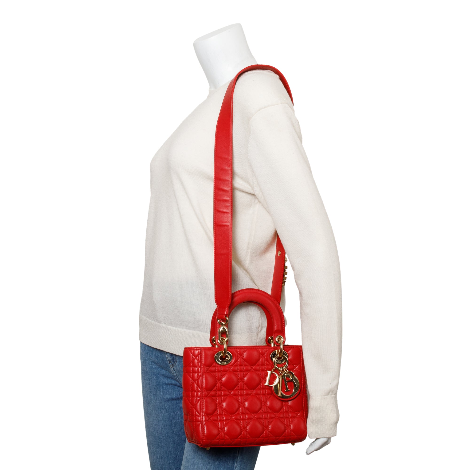 Christian Dior Red Cannage Lambskin Leather Small Lady Dior My AbCDior Bag w/ Strap & Box