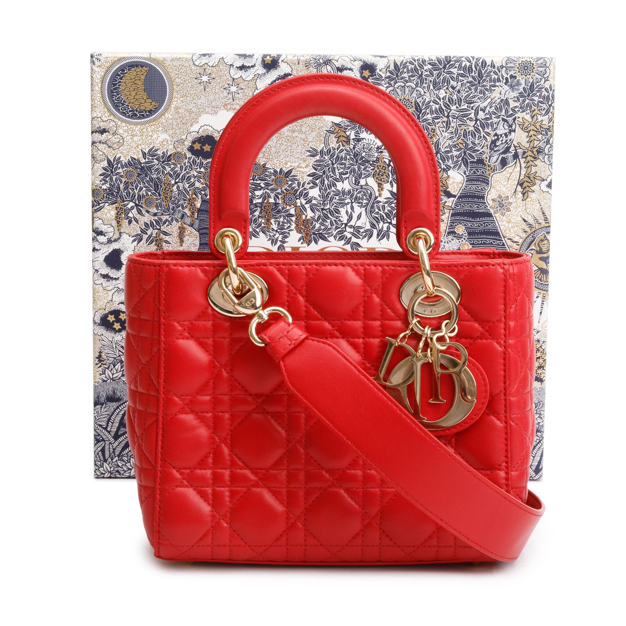 Christian Dior Red Cannage Lambskin Leather Small Lady Dior My AbCDior Bag w/ Strap & Box