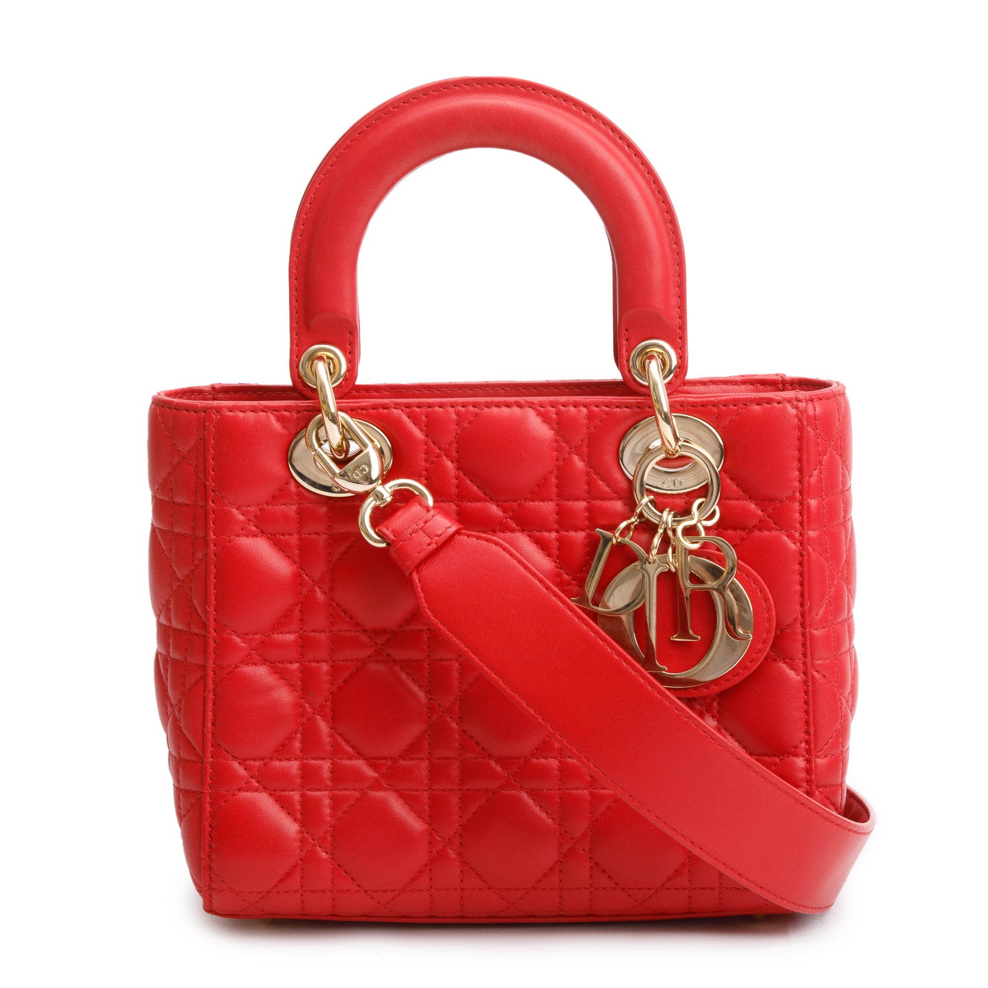 Christian Dior Red Cannage Lambskin Leather Small Lady Dior My AbCDior Bag w/ Strap & Box