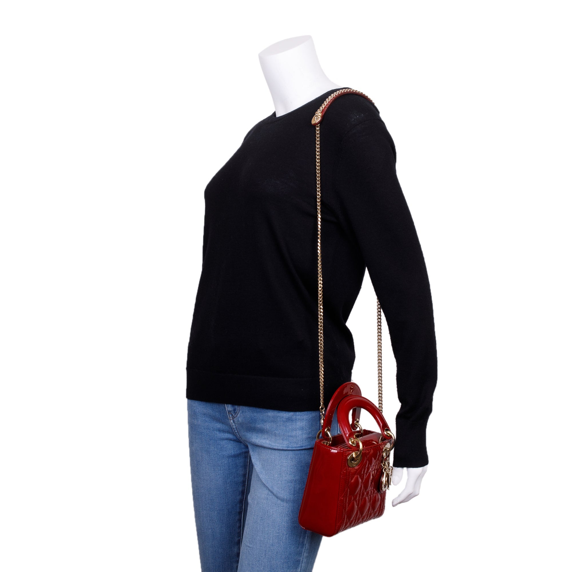 Christian Dior Red Cannage Patent Leather Mini Lady Dior Bag w/ Strap