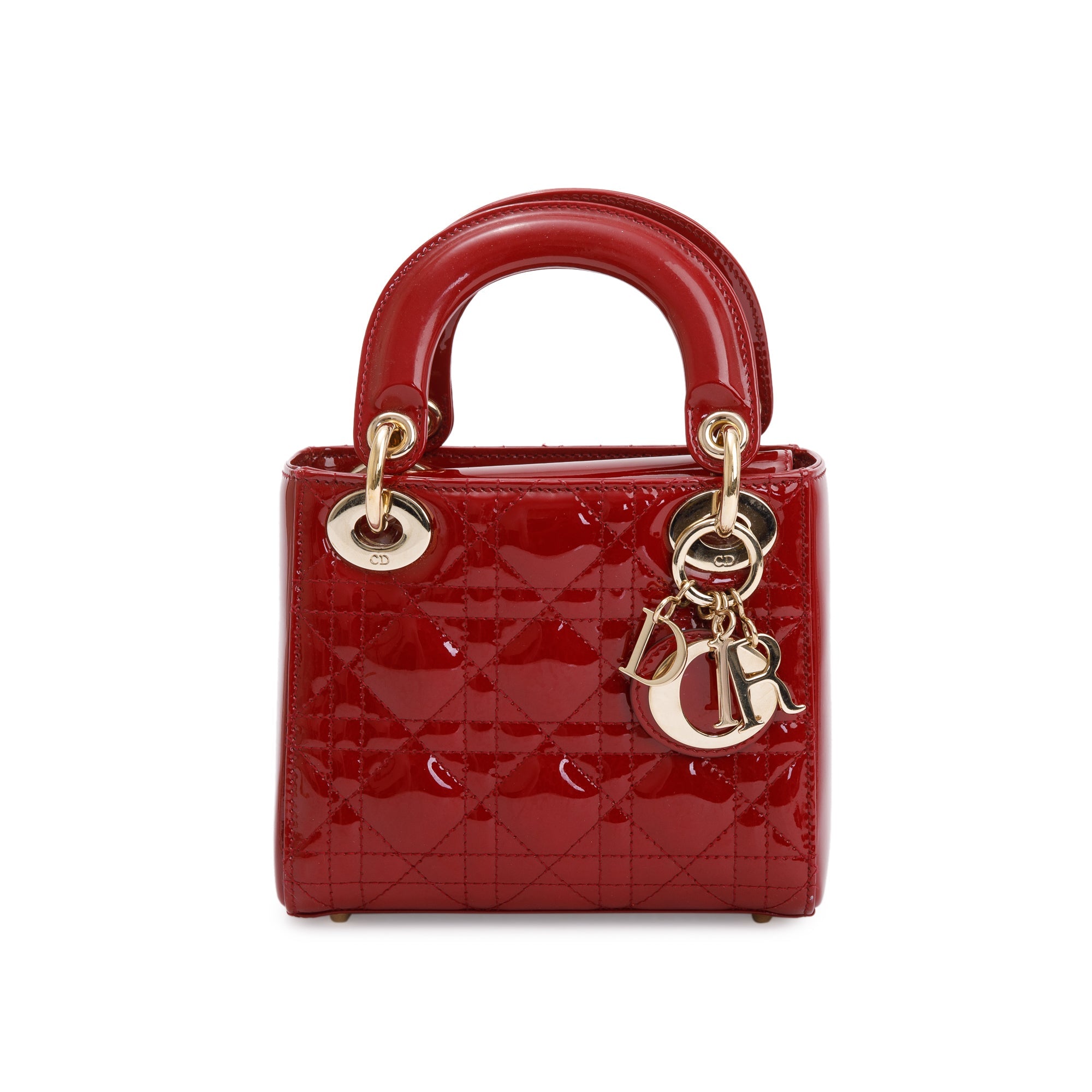 Christian Dior Red Cannage Patent Leather Mini Lady Dior Bag w/ Strap