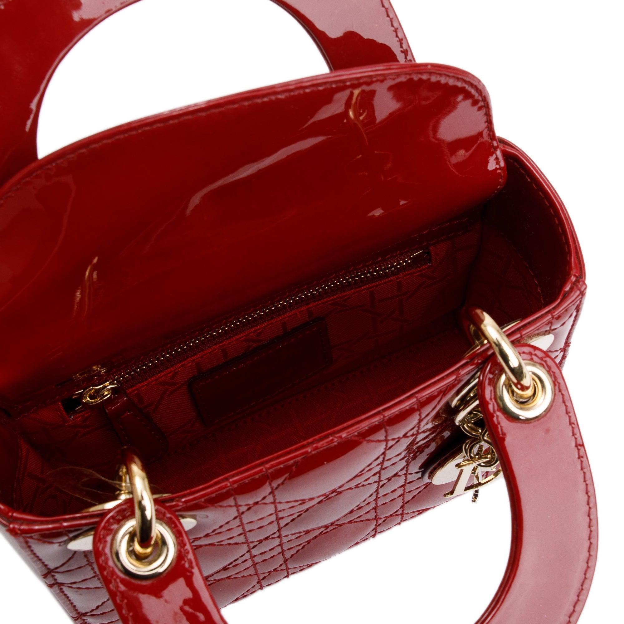 Christian Dior Red Cannage Patent Leather Mini Lady Dior Bag w/ Strap