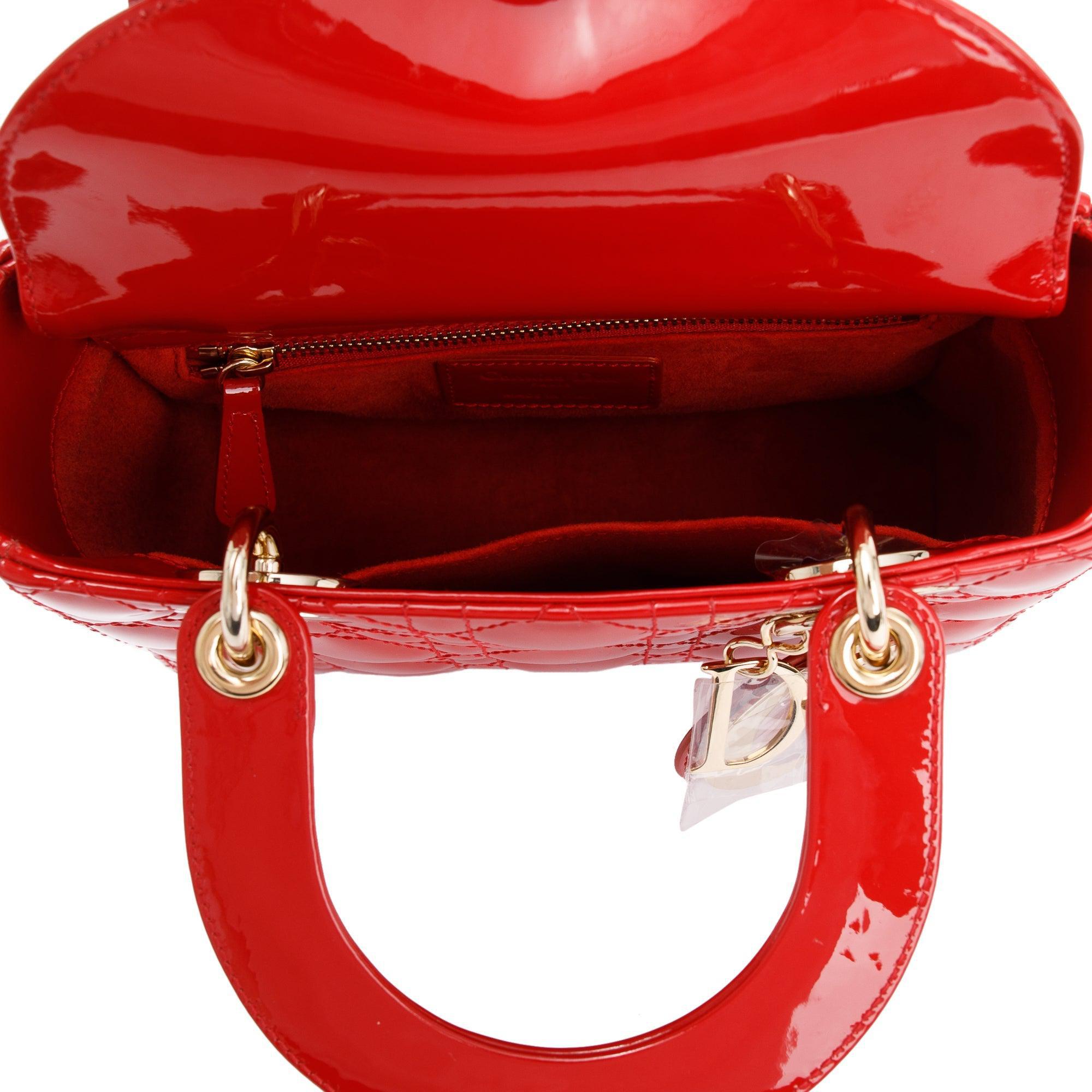 Christian Dior Red Patent Cannage Leather Small Lady Dior Bag w/ Strap, Box & Authenticity Card
