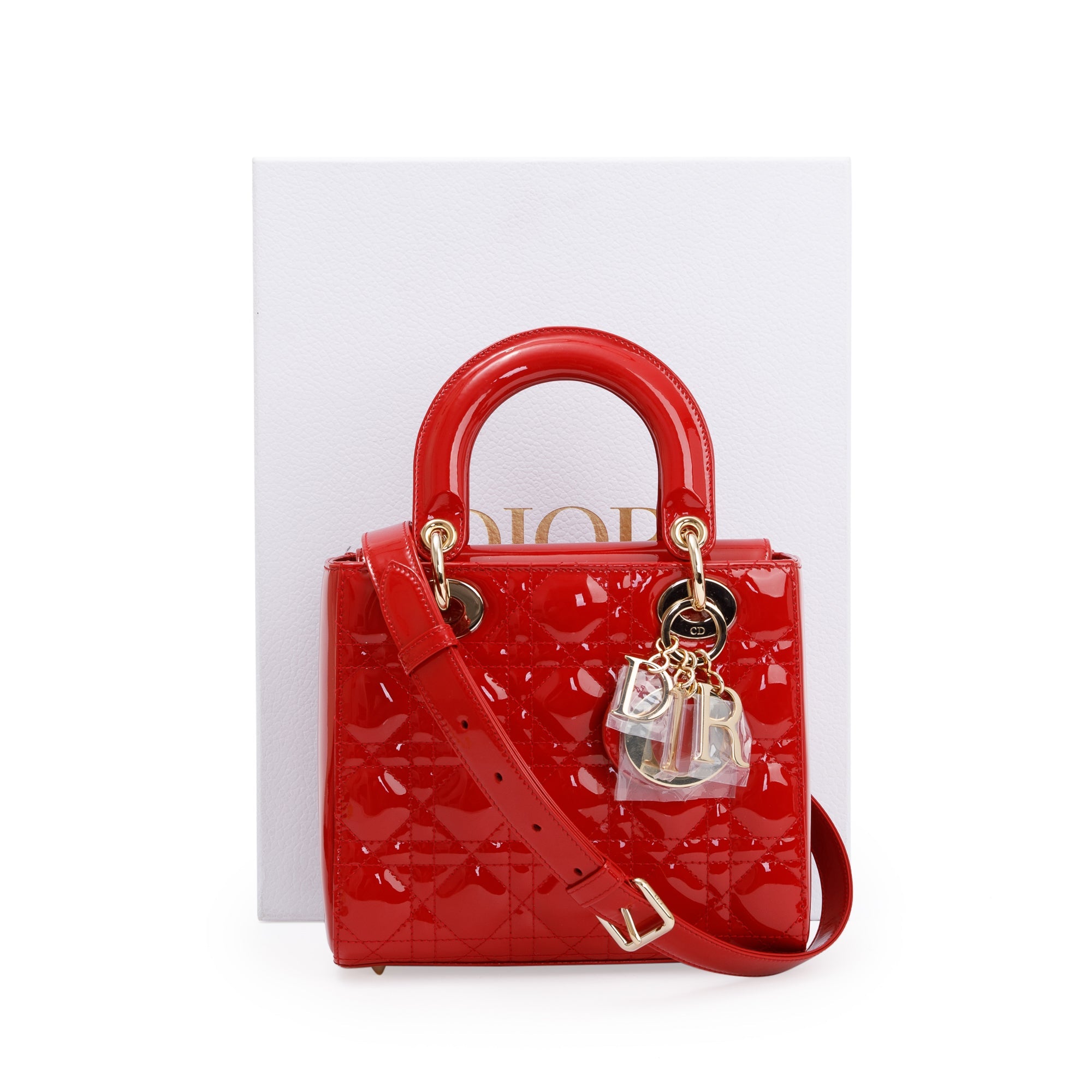 Christian Dior Red Patent Cannage Leather Small Lady Dior Bag w/ Strap, Box & Authenticity Card