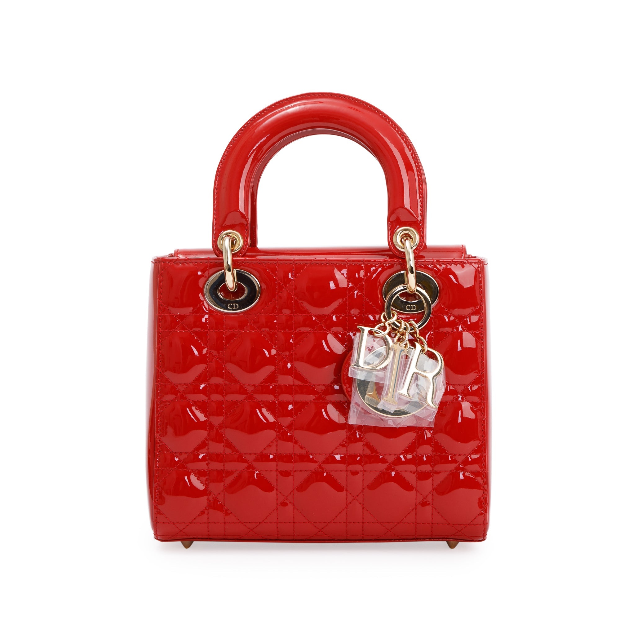 Christian Dior Red Patent Cannage Leather Small Lady Dior Bag w/ Strap, Box & Authenticity Card