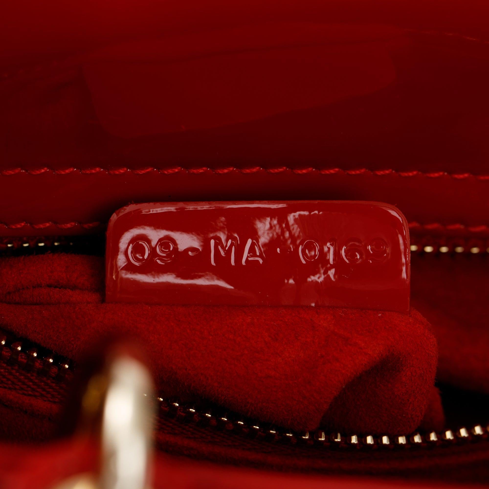 Christian Dior Red Patent Cannage Leather Small Lady Dior Bag w/ Strap, Box & Authenticity Card