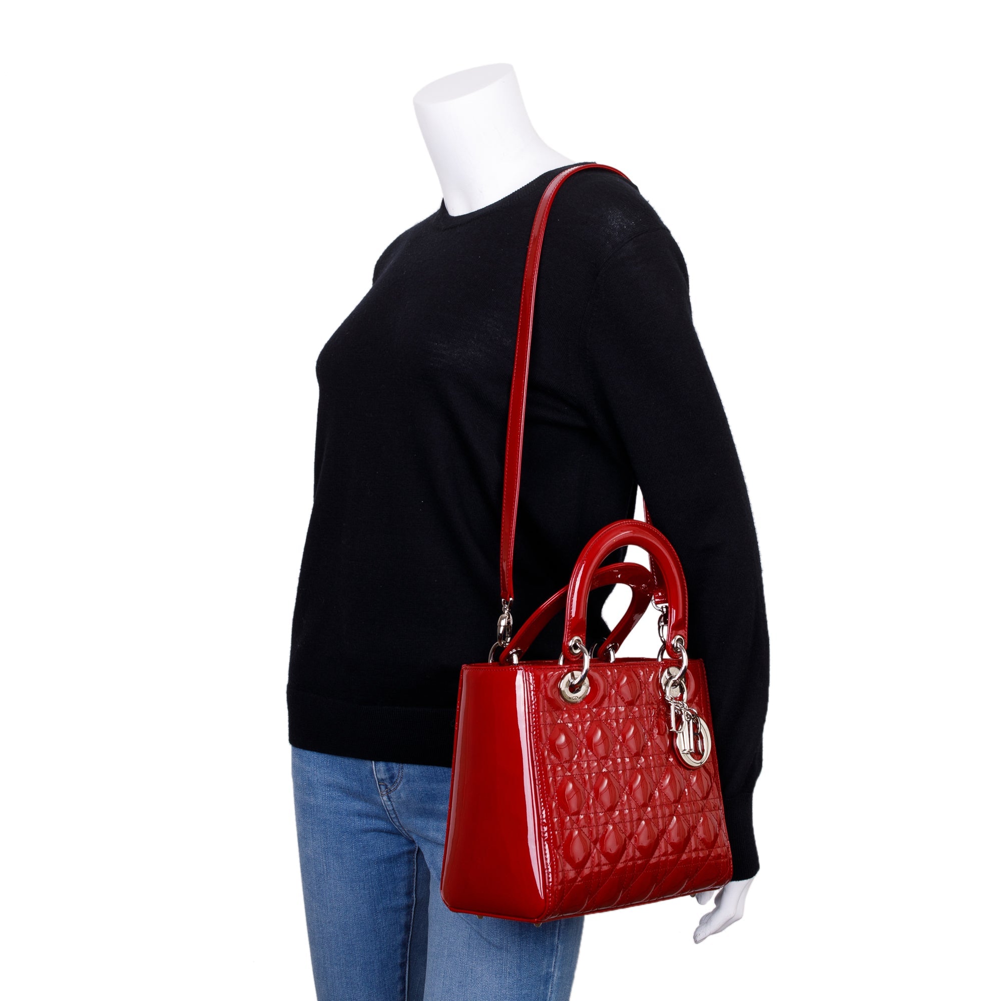 Christian Dior Red Patent Leather Medium Lady Dior Bag w/ Strap