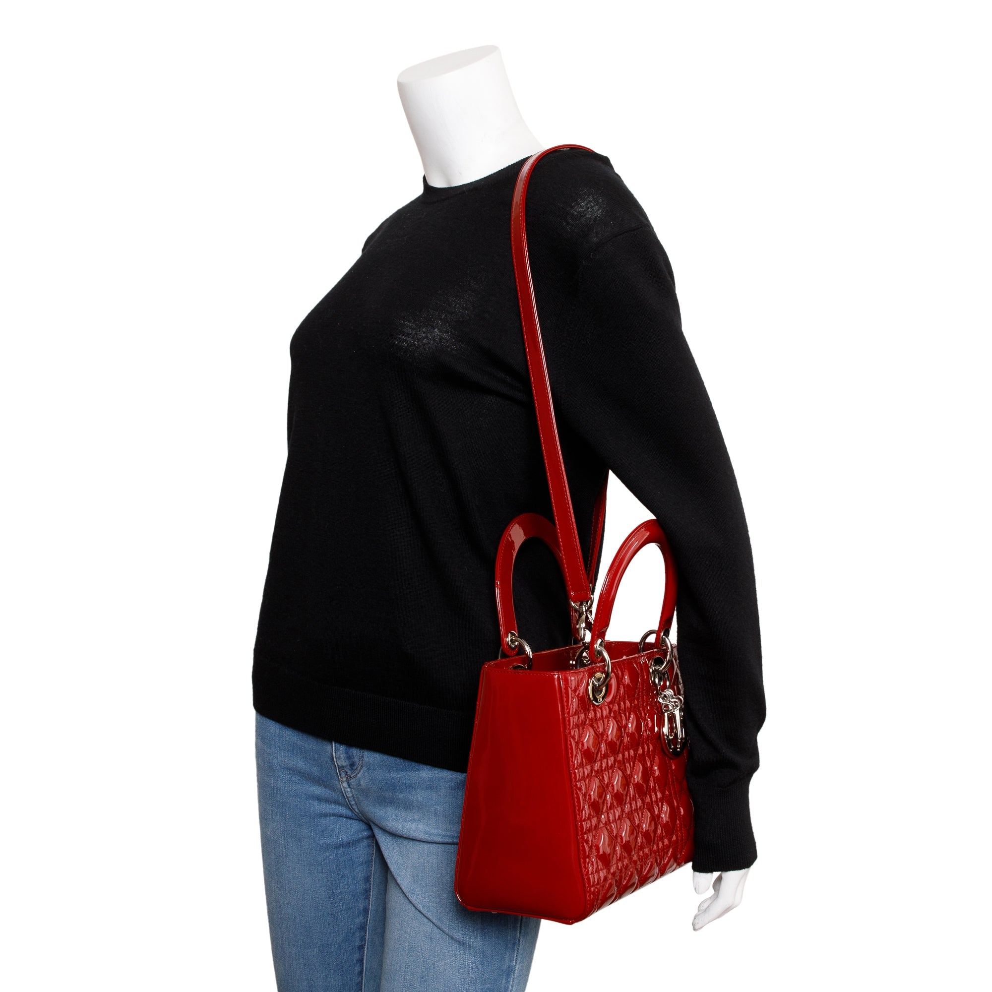 Christian Dior Red Patent Leather Medium Lady Dior Bag w/ Strap