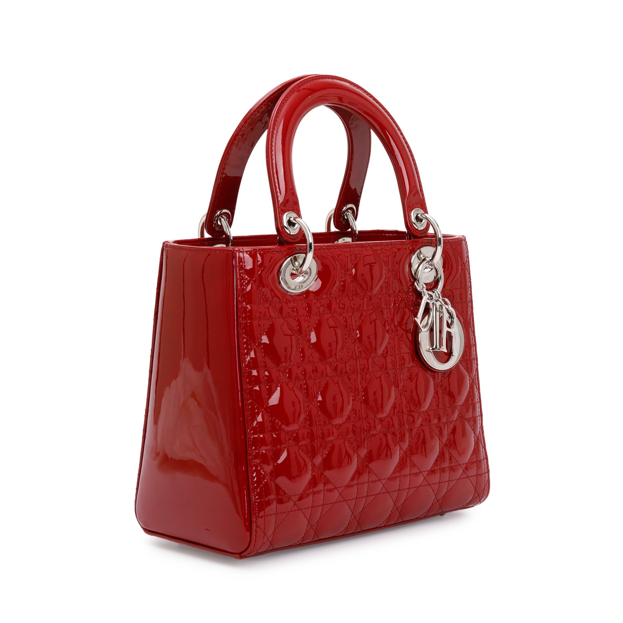 Christian Dior Red Patent Leather Medium Lady Dior Bag w/ Strap