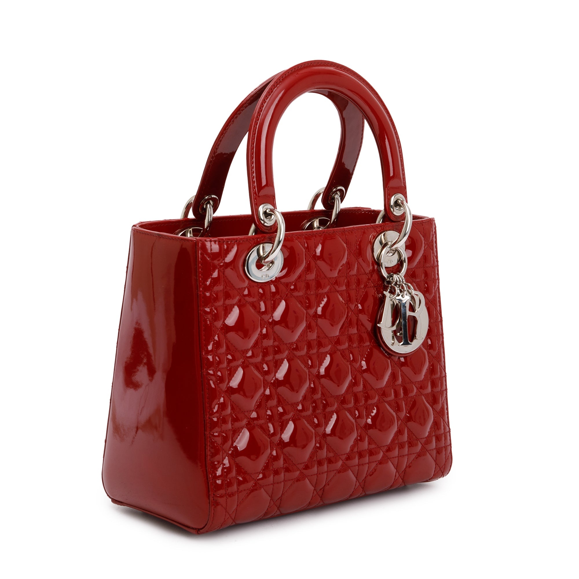 Christian Dior Red Patent Leather Medium Lady Dior Bag w/ Strap