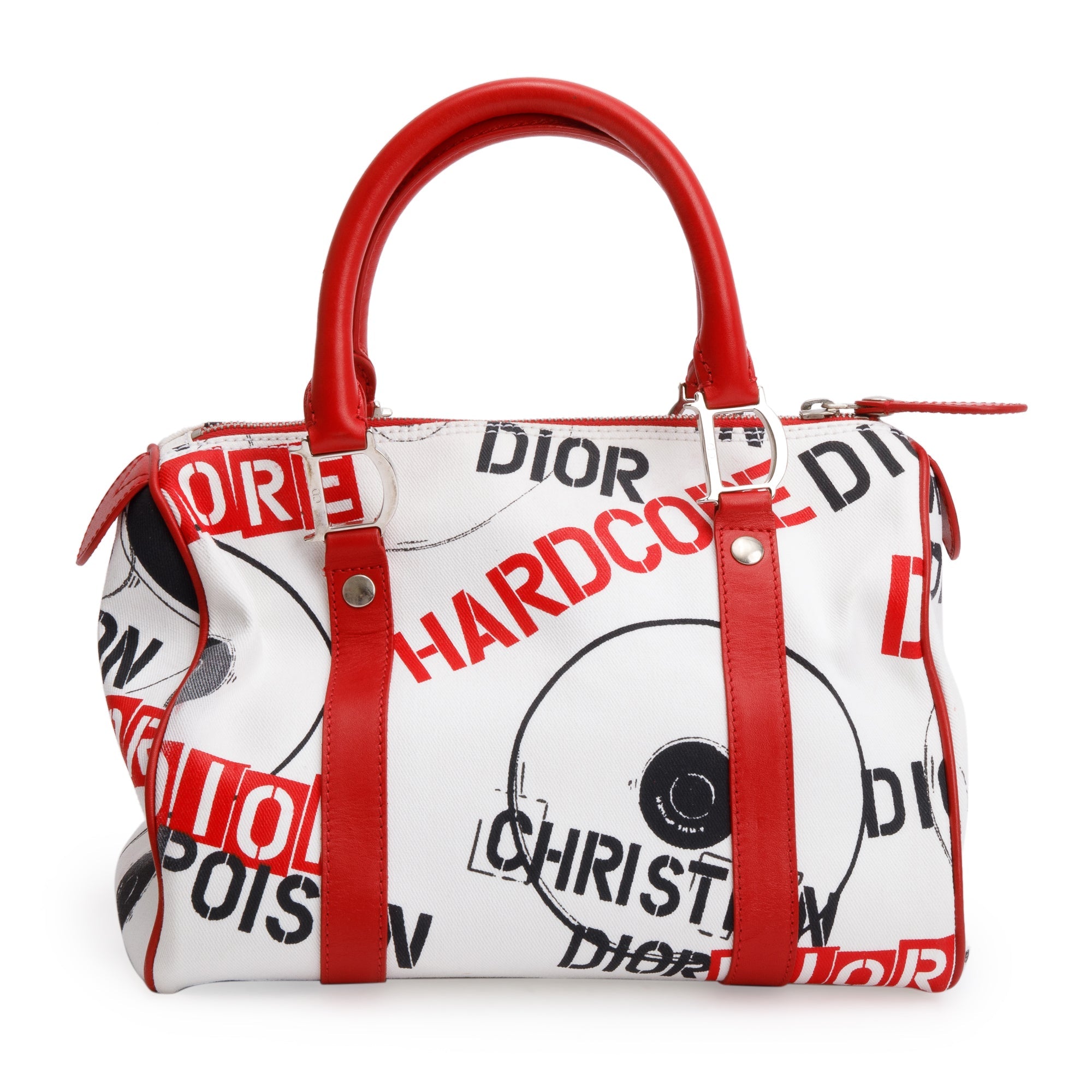 Christian Dior Red/White Printed Canvas Hardcore Boston Pierced Bag w/ Authenticity Card