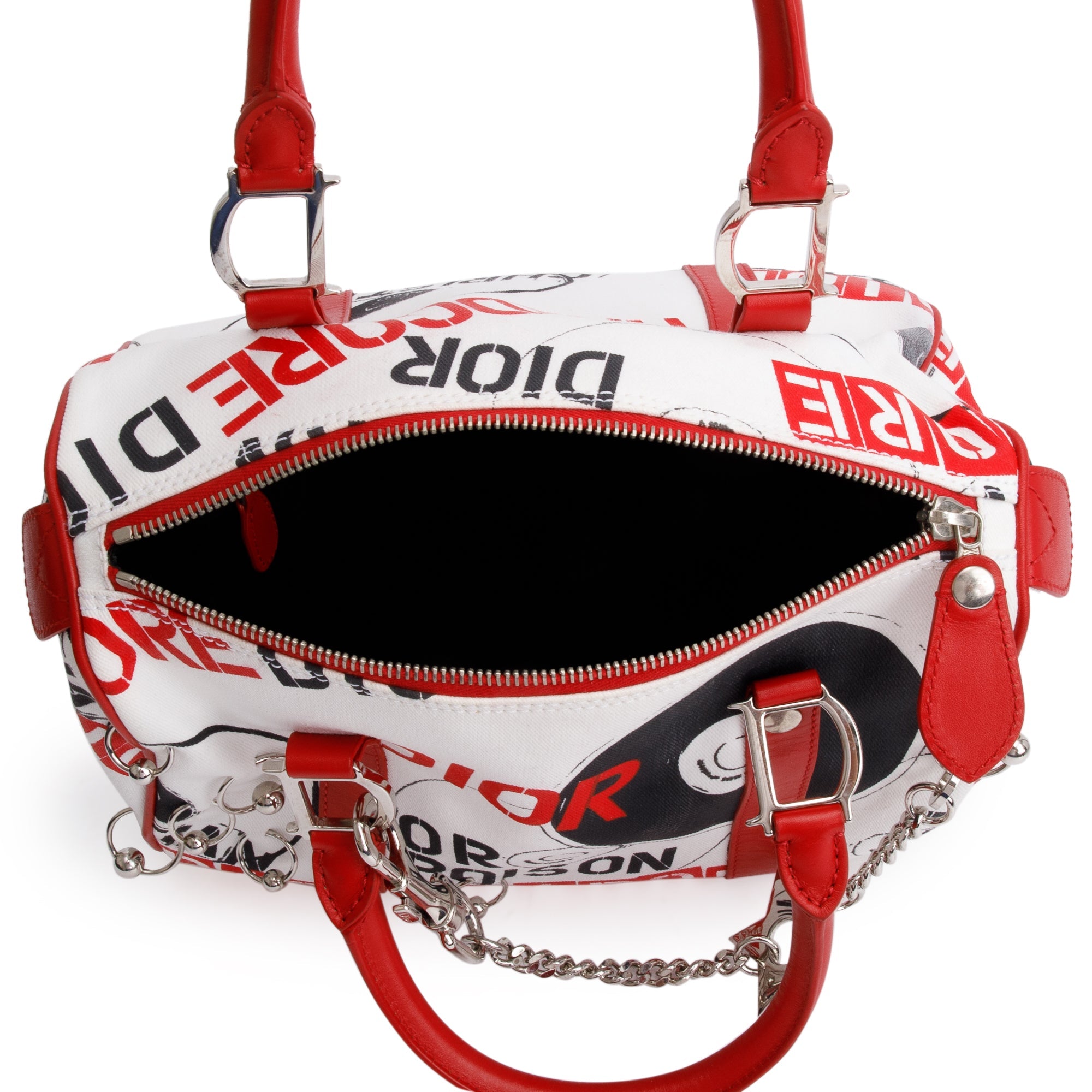Christian Dior Red/White Printed Canvas Hardcore Boston Pierced Bag w/ Authenticity Card