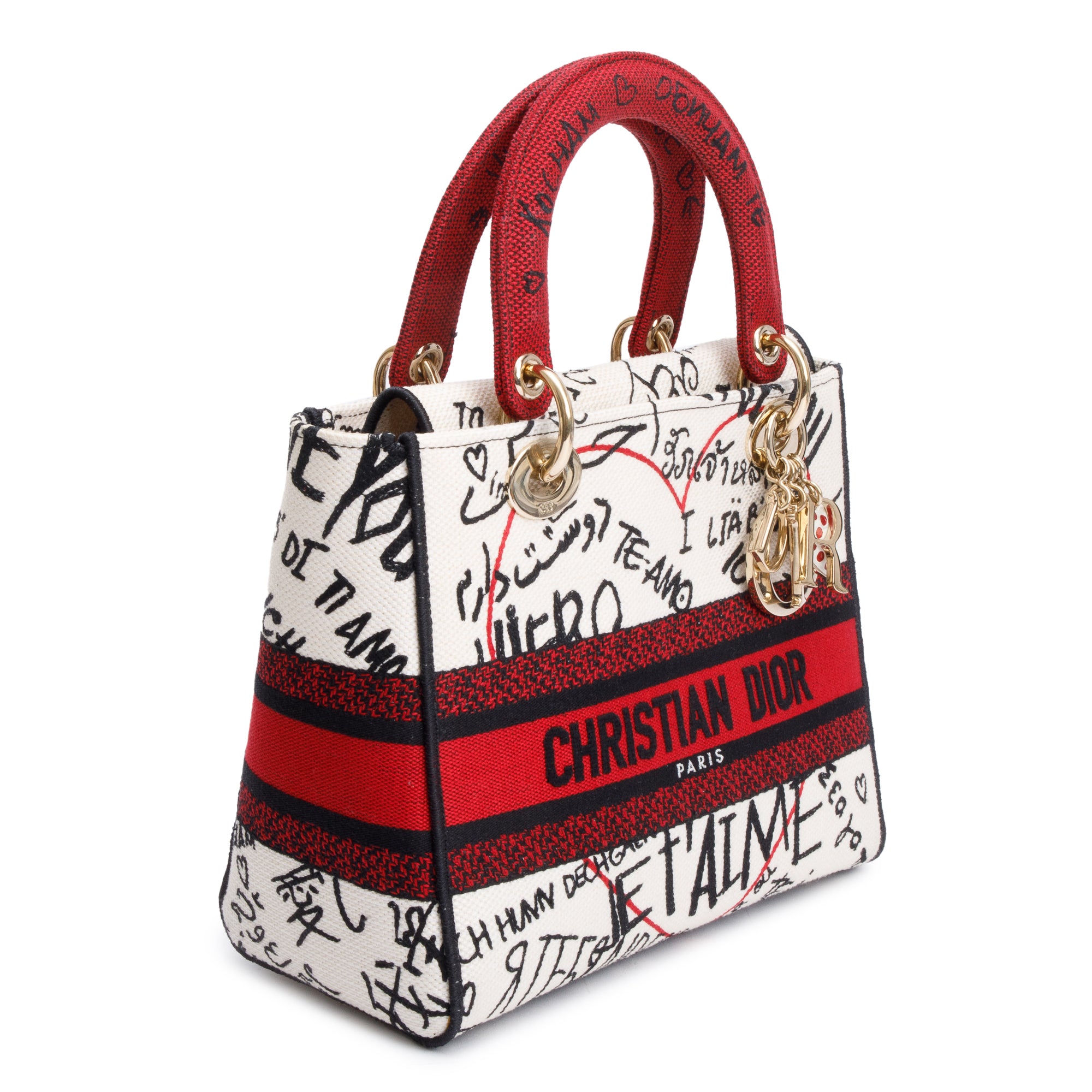 Christian Dior Red/White/Black Canvas Dioramour Graffiti Medium Lady Di-Lite Bag w/ Strap