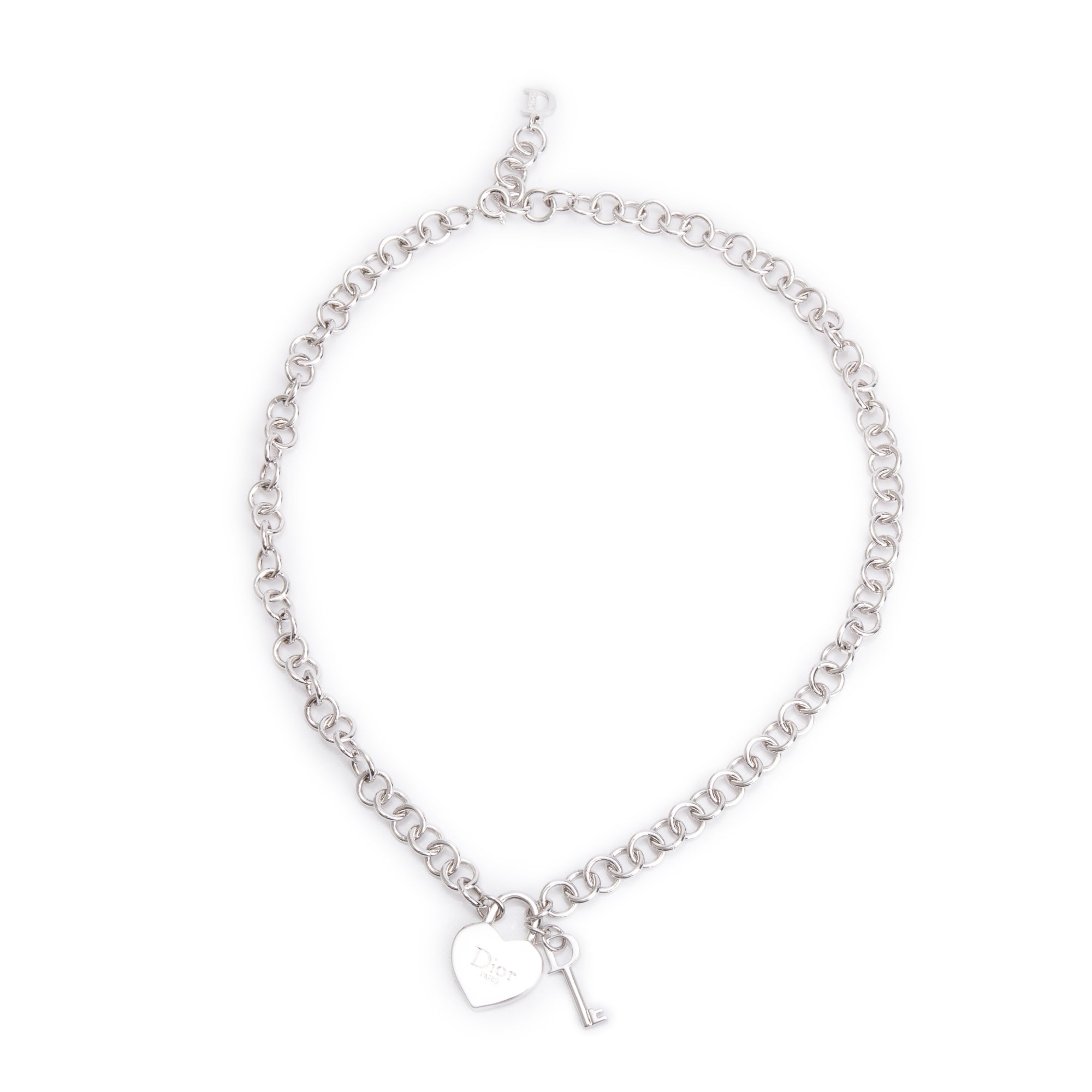 Christian Dior Silver Plated Heart Lock & Key Necklace