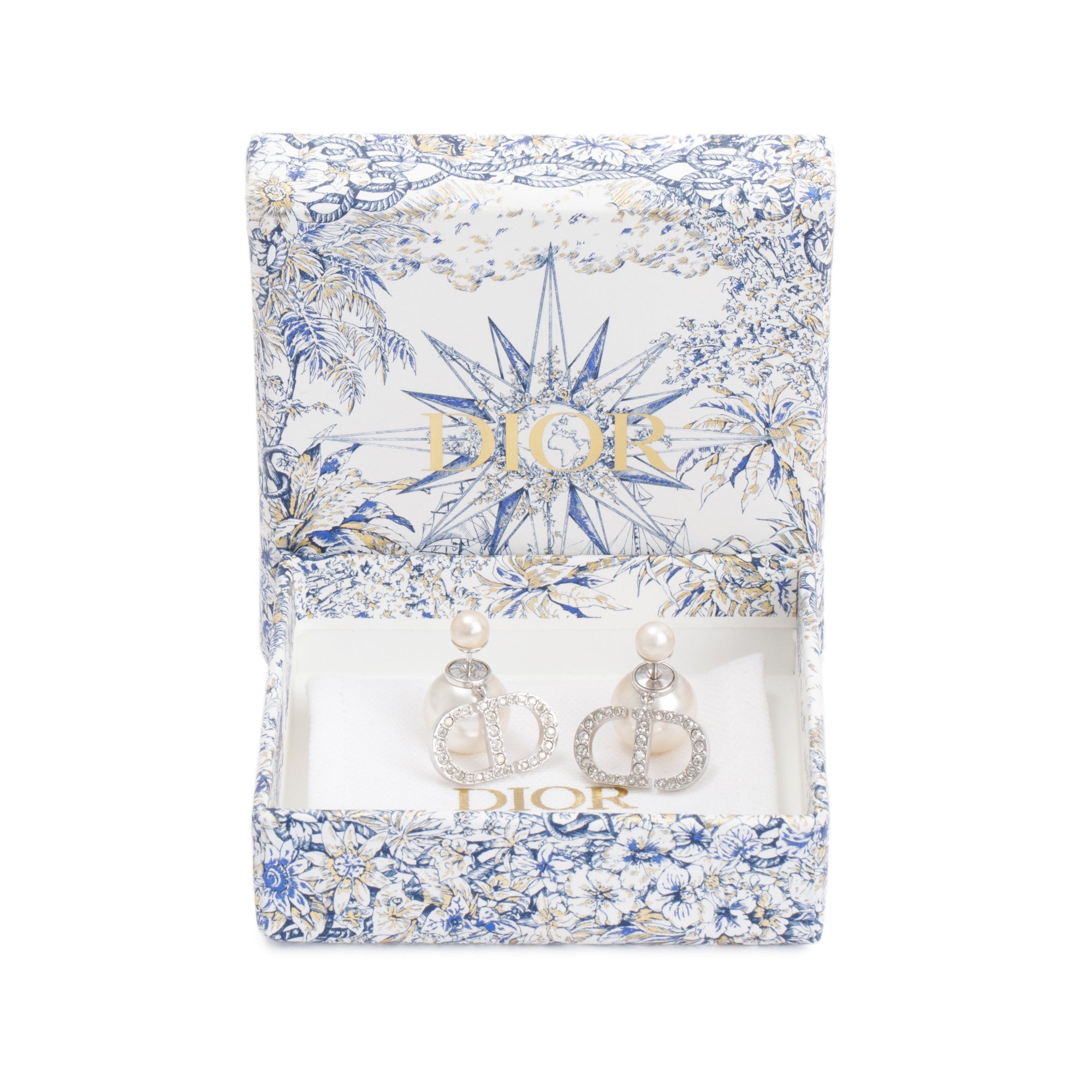 Christian Dior Silver Tone Metal Pearl Crystal Tribales Earrings w
