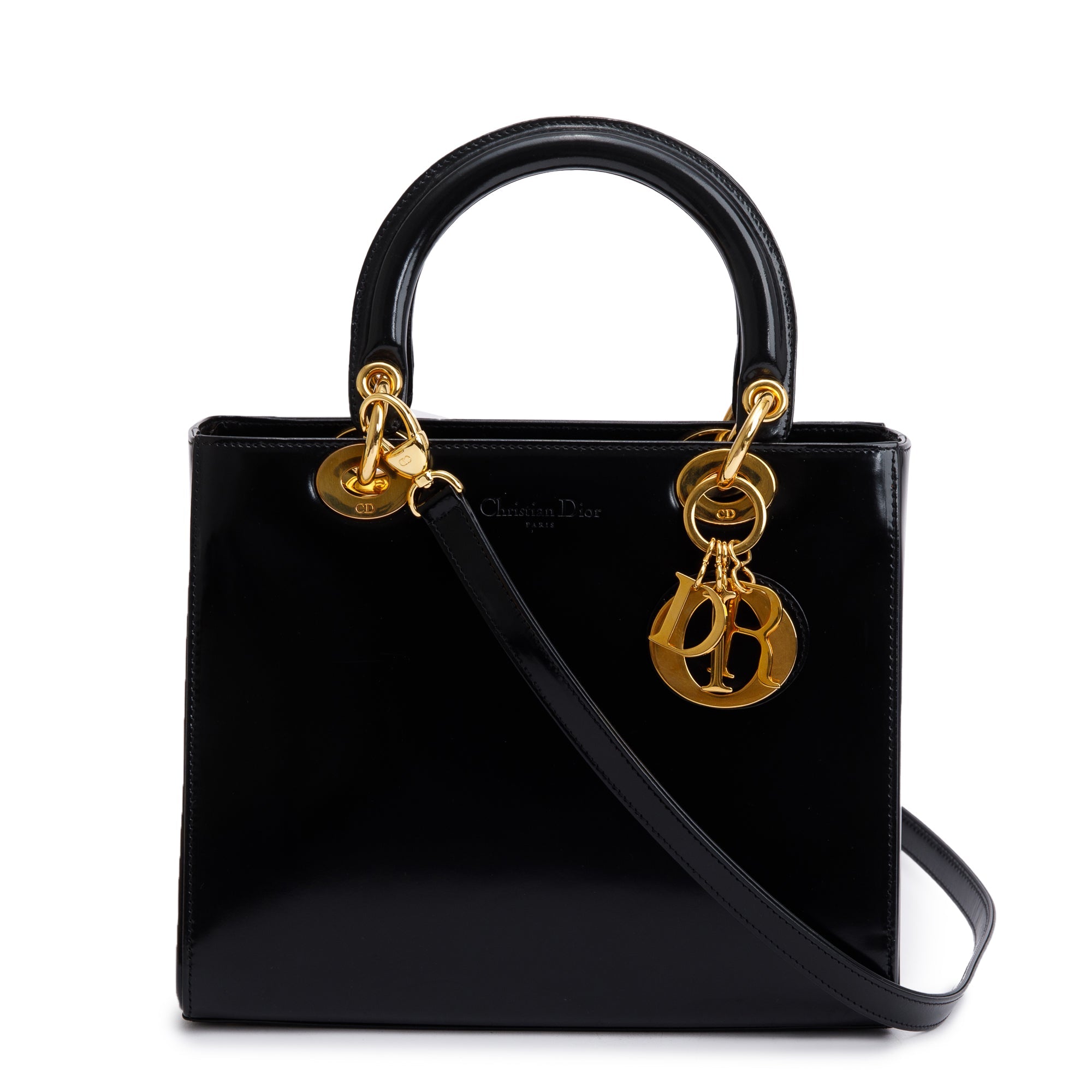 Christian Dior Vintage Black Patent Leather Medium Lady Dior Bag w/ Strap