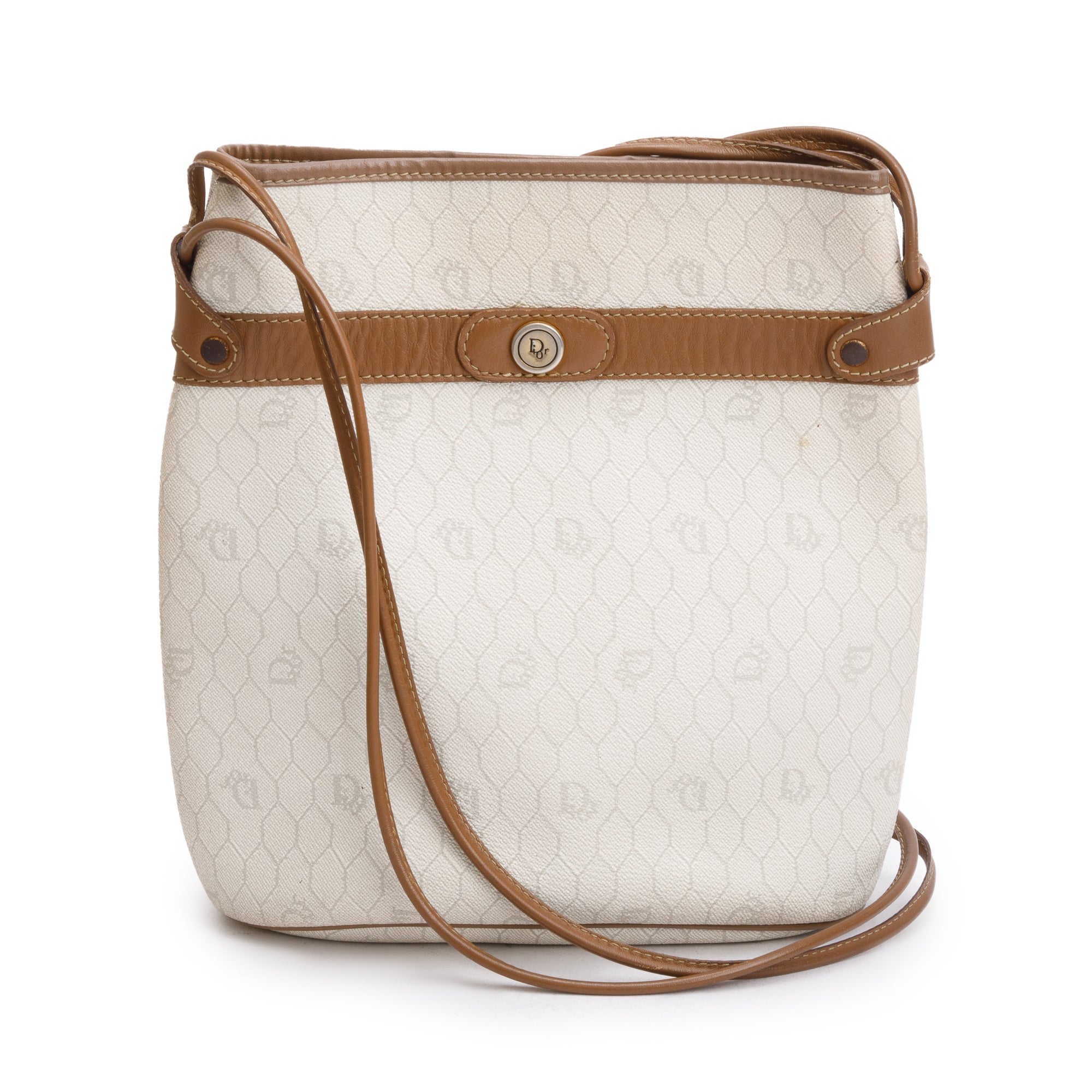 Christian Dior Vintage Honeycomb Canvas Tan Leather Bucket Bag