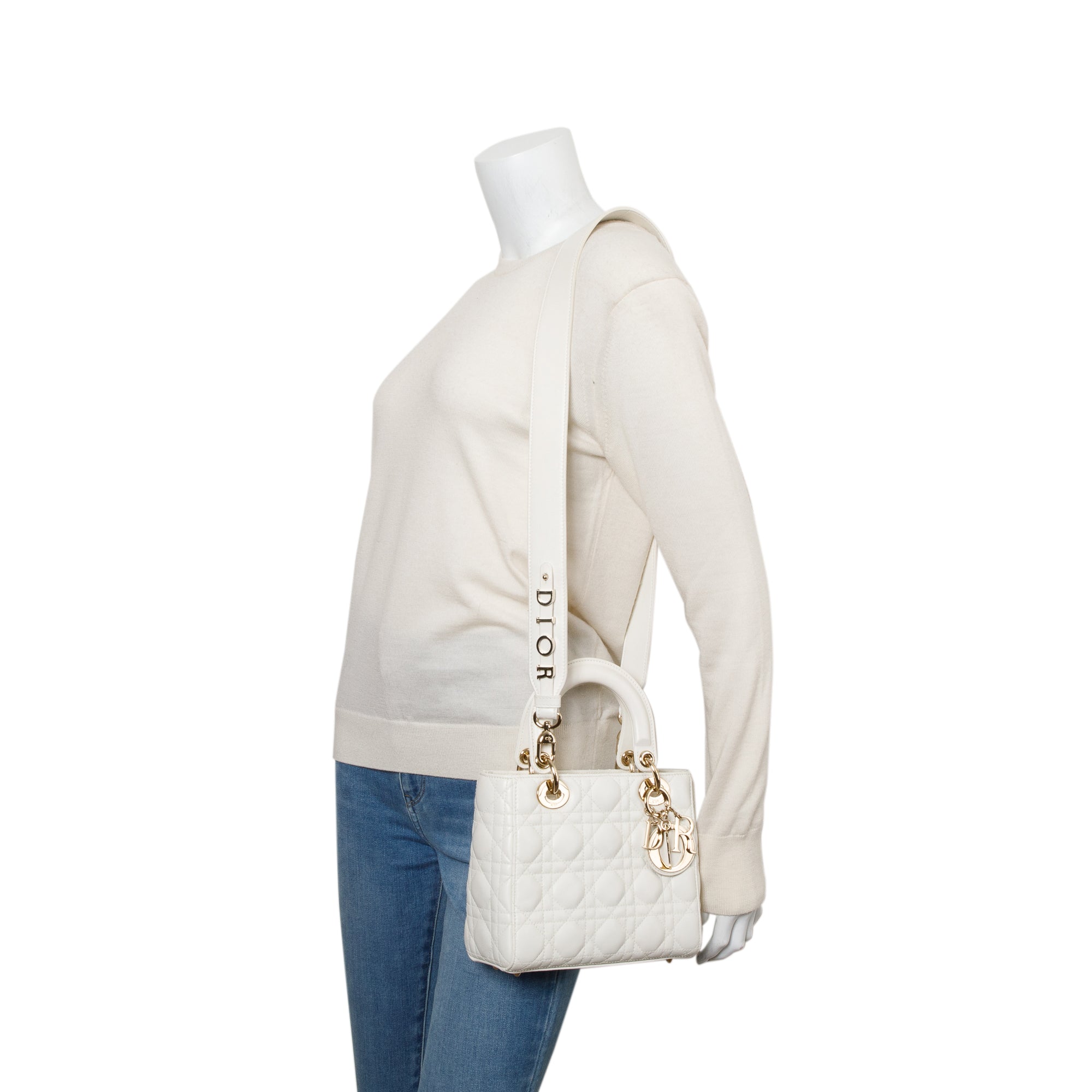 Christian Dior White Cannage Leather Small Lady Dior Bag w/ Strap