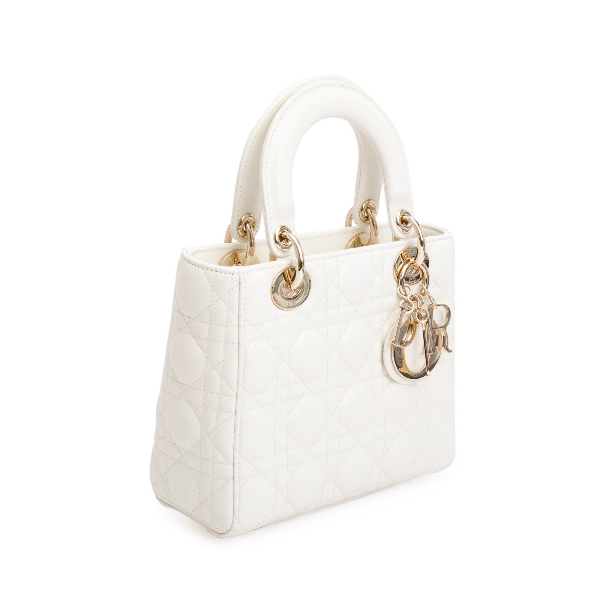 Christian Dior White Cannage Leather Small Lady Dior Bag w/ Strap