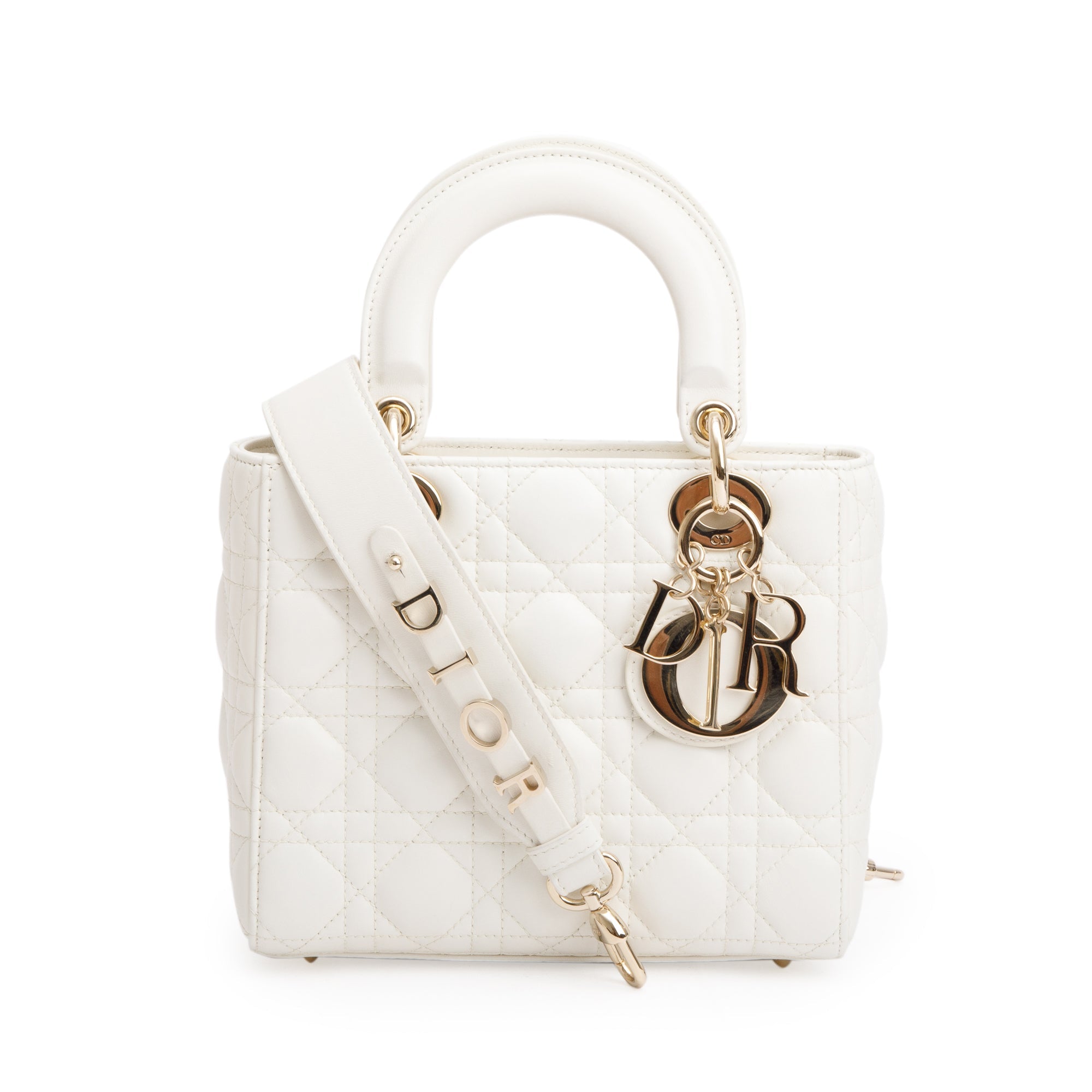 Christian Dior White Cannage Leather Small Lady Dior Bag w/ Strap