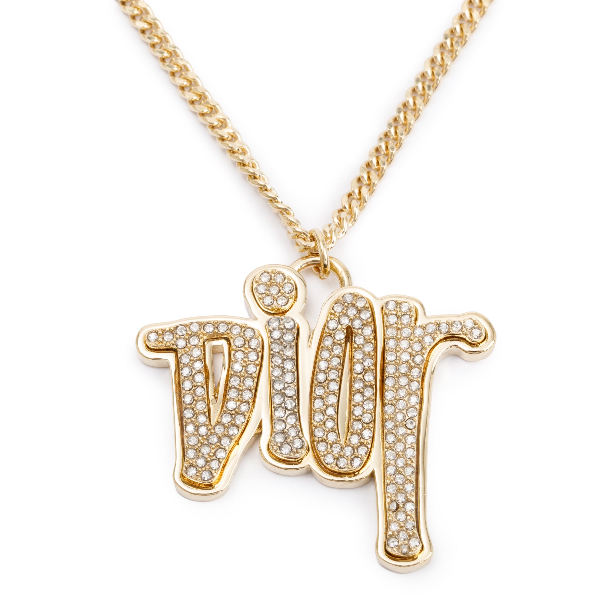 Christian Dior x Shawn Stussy Gold-Tone Crystal Logo Pendant Necklace