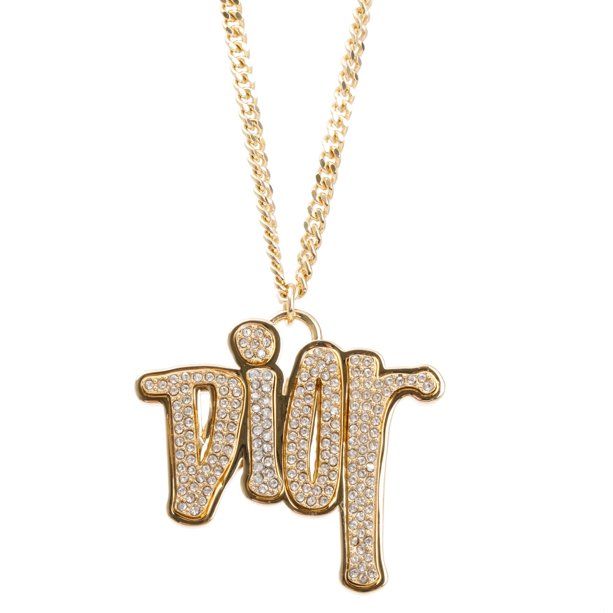 Christian Dior x Shawn Stussy Gold-Tone Crystal Logo Pendant Necklace
