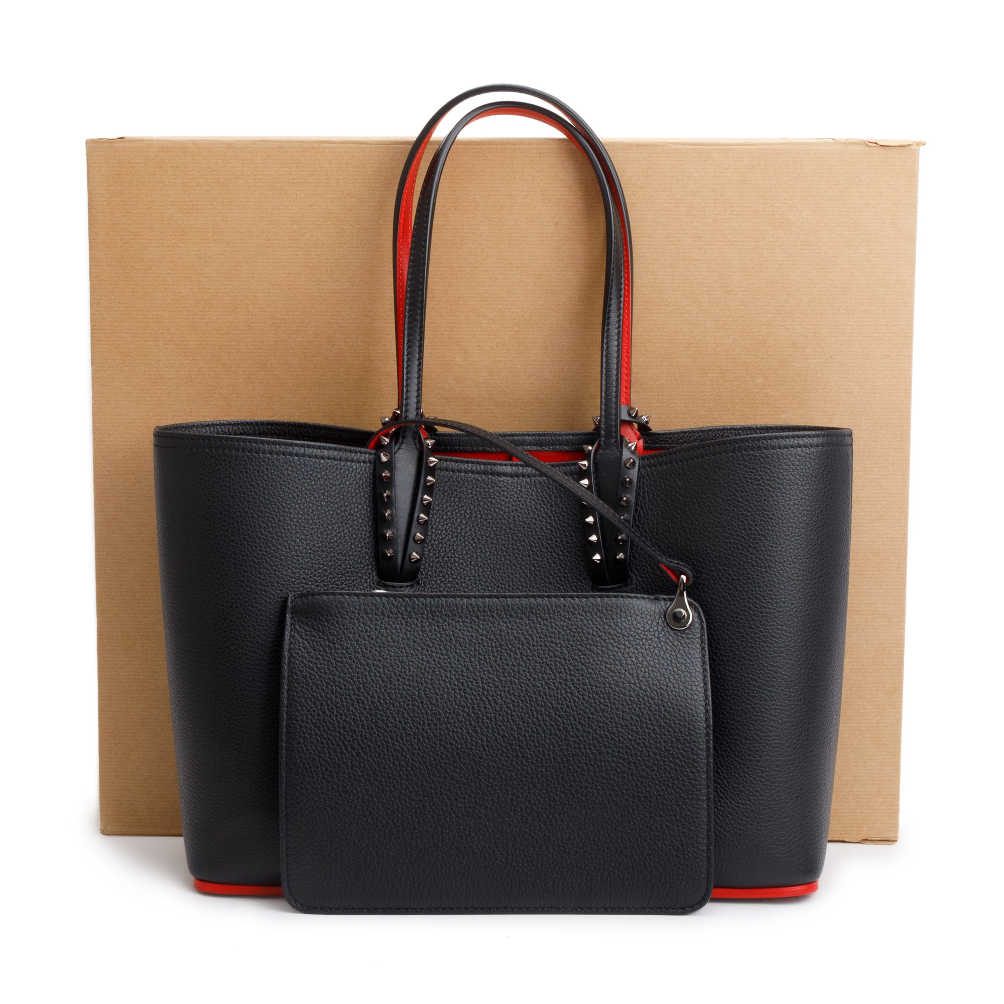 Christian Louboutin 2021 Small Black Calfskin Leather Spike Cabata Tote Bag w/ Pouch, Box & Receipt