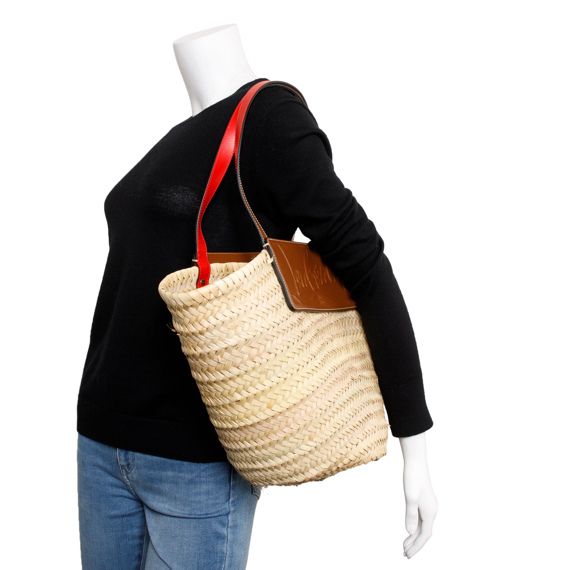 Christian Louboutin 2022 Neutral Woven Straw & Brown Calf Leather Loubishore Tote Bag w/ Receipt