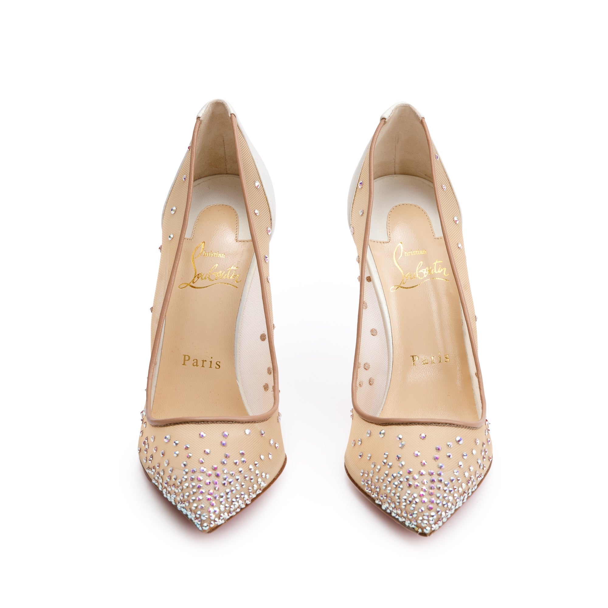 Christian Louboutin Beige Mesh White Leather Follies Strass Pumps, Size 37 w/ Box