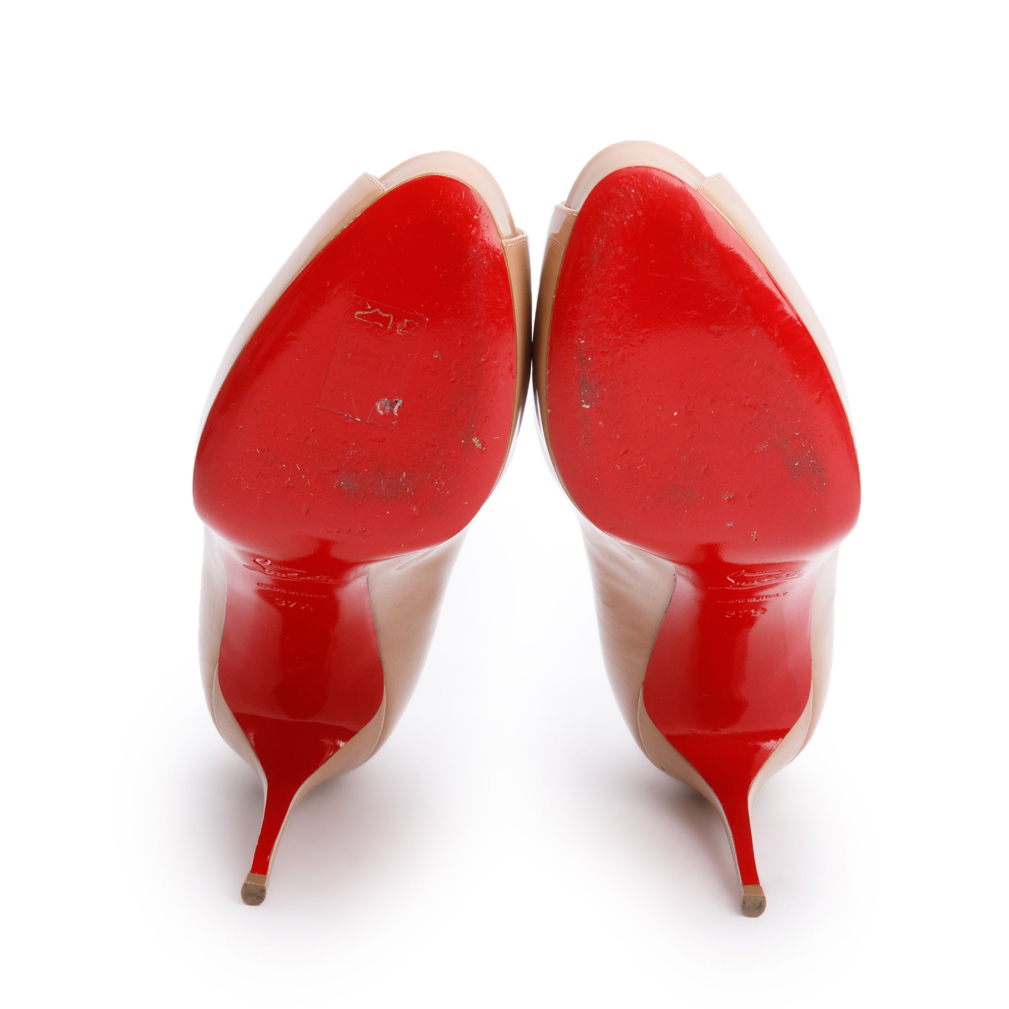 Christian Louboutin Beige Patent Leather New Very Prive Peep Toe Pumps, Size 37.5