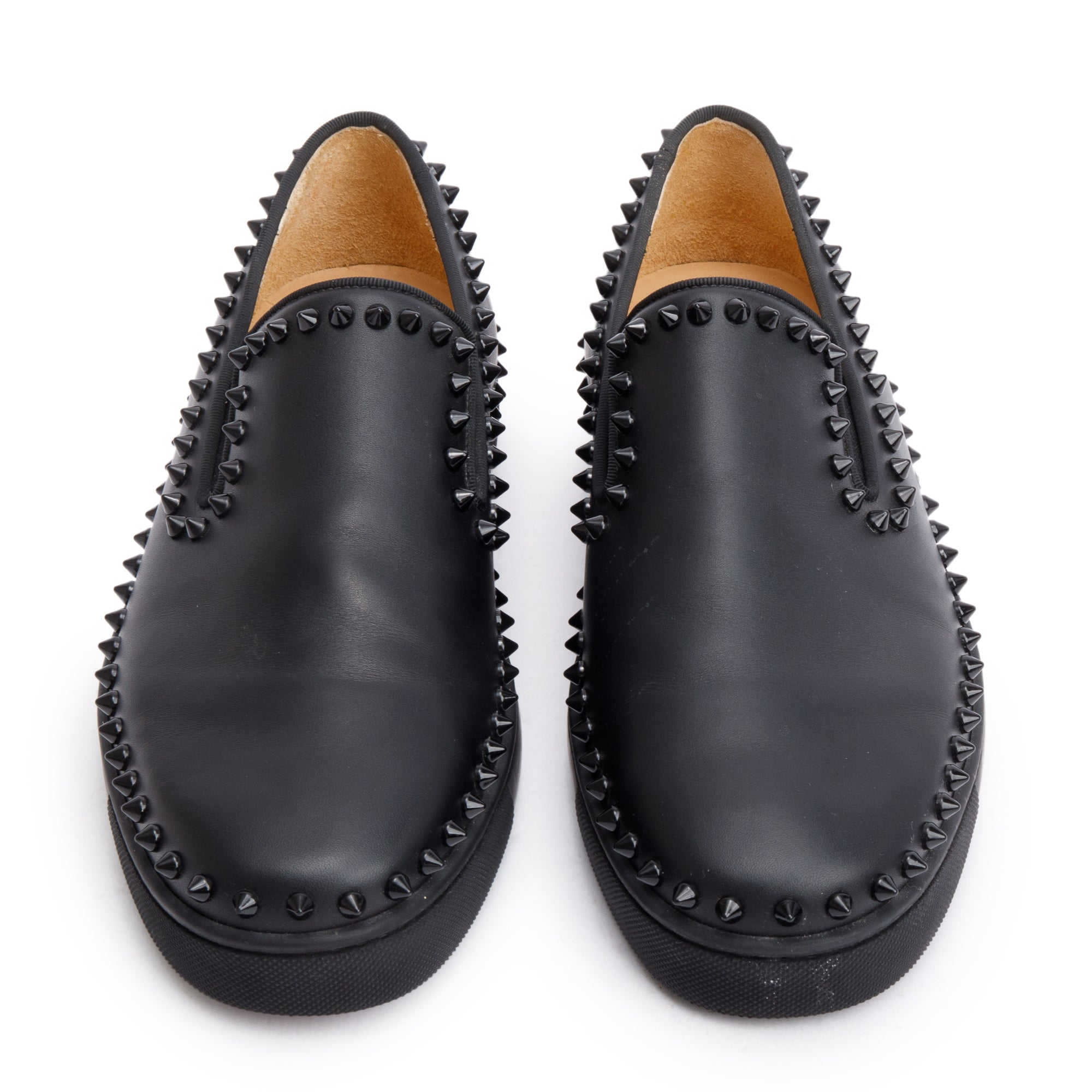 Christian Louboutin Black Calf Leather Studded Pik Boat Sneakers, Size 41.5