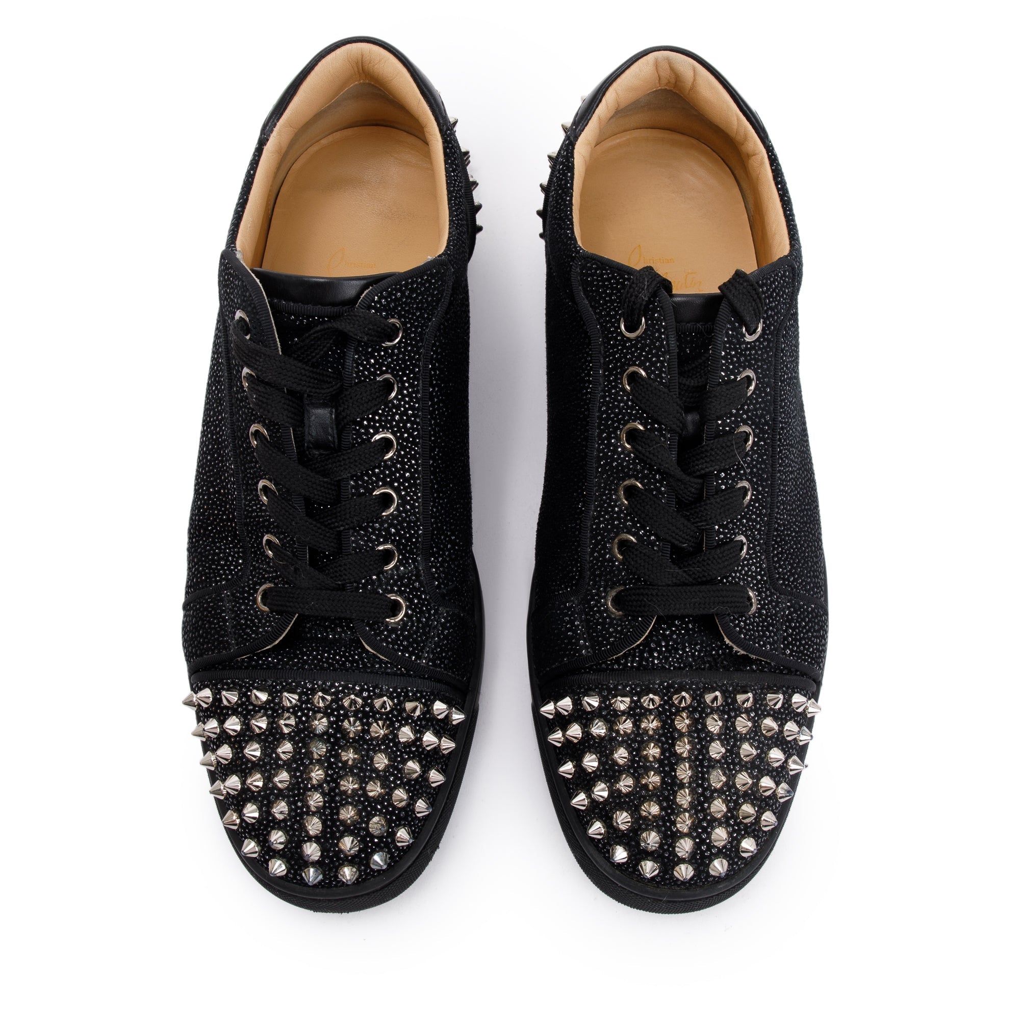 Christian Louboutin Black Glitter Fabric Print Louis Junior Spikes Orlato Low-Top Sneakers, Size 43