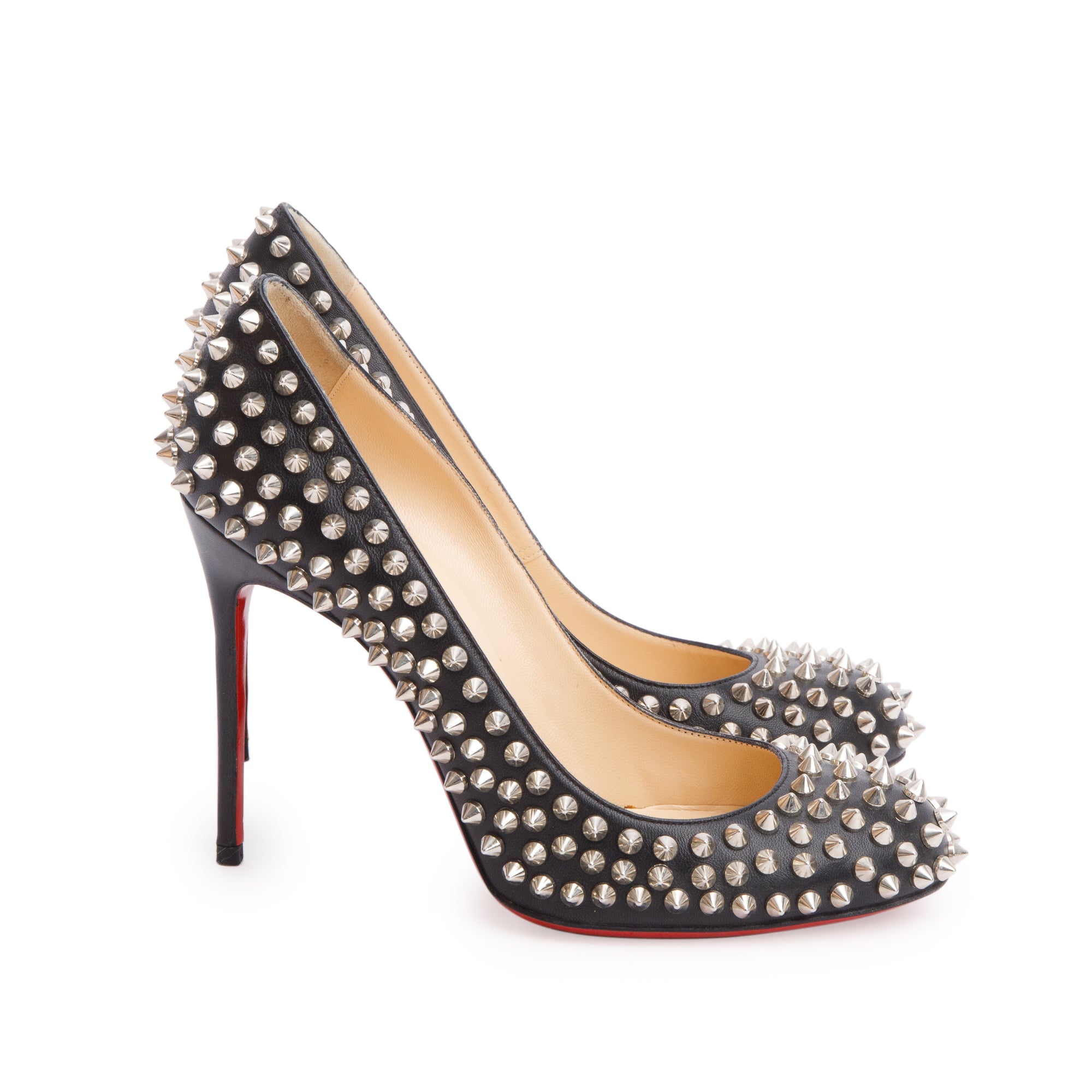 Christian Louboutin Black Leather Fifi Spikes 100 Pumps, Size 36