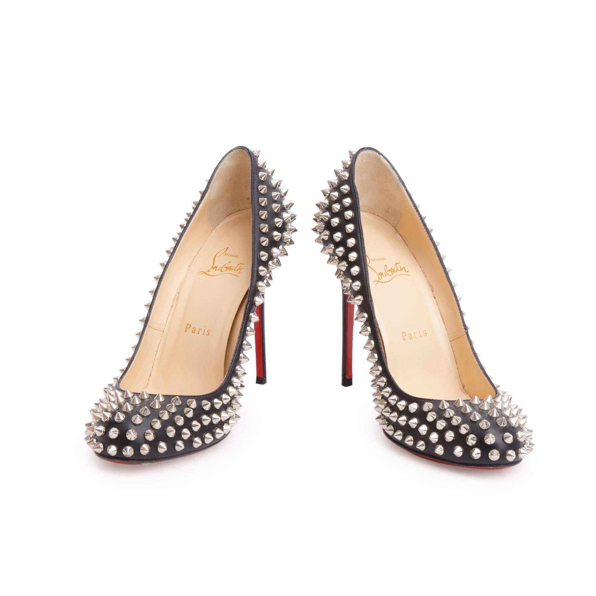 Christian Louboutin Black Leather Fifi Spikes 100 Pumps, Size 36