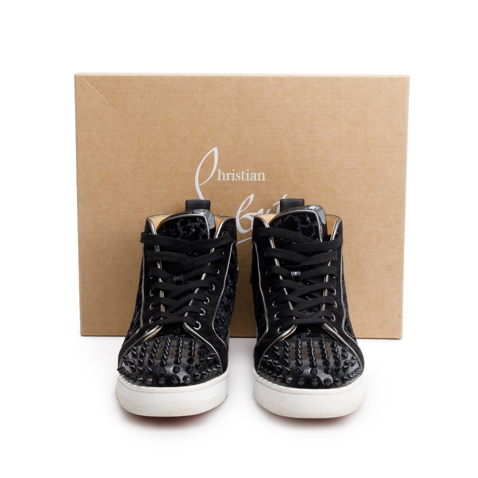 Christian Louboutin Black Leather Suede Louis Spikes Orlato High-Top Sneakers, Size 43.5 w/ Box