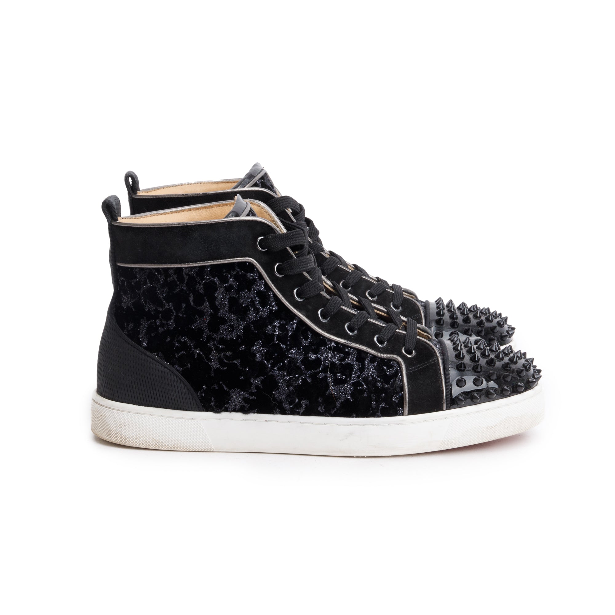 Christian Louboutin Black Leather Suede Louis Spikes Orlato High-Top Sneakers, Size 43.5 w/ Box