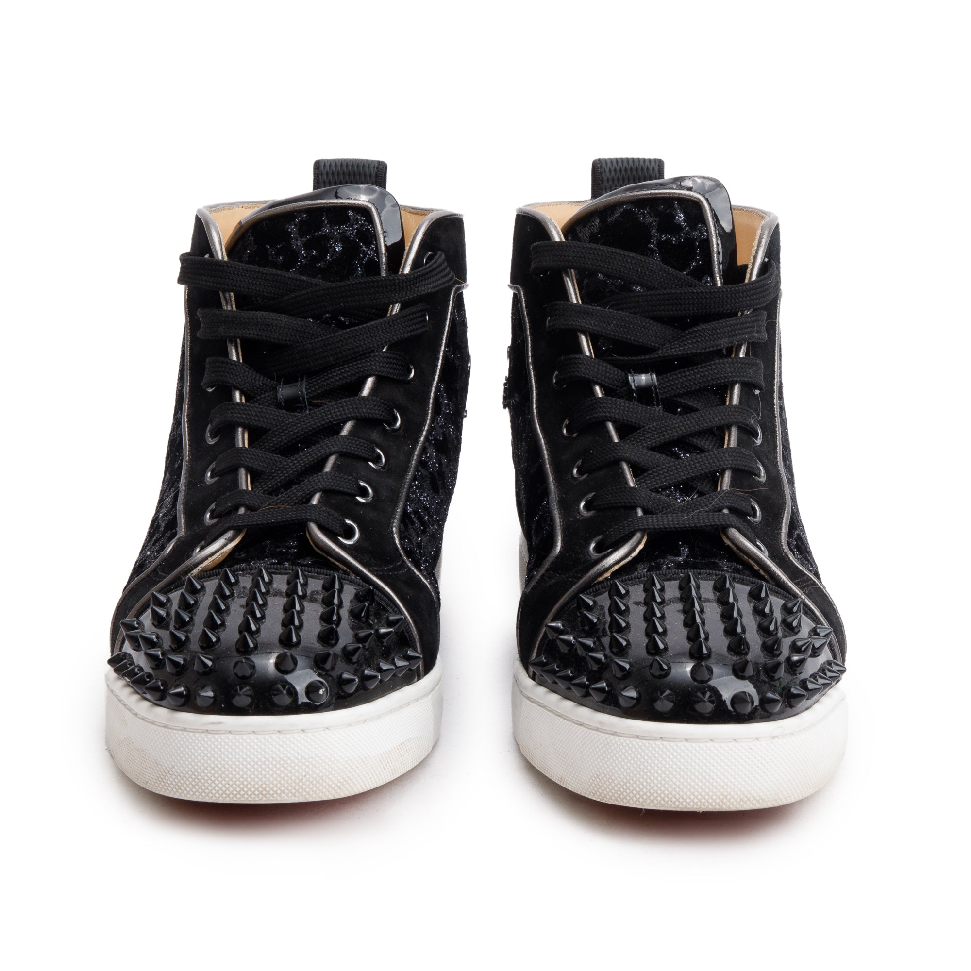 Christian Louboutin Black Leather Suede Louis Spikes Orlato High-Top Sneakers, Size 43.5 w/ Box