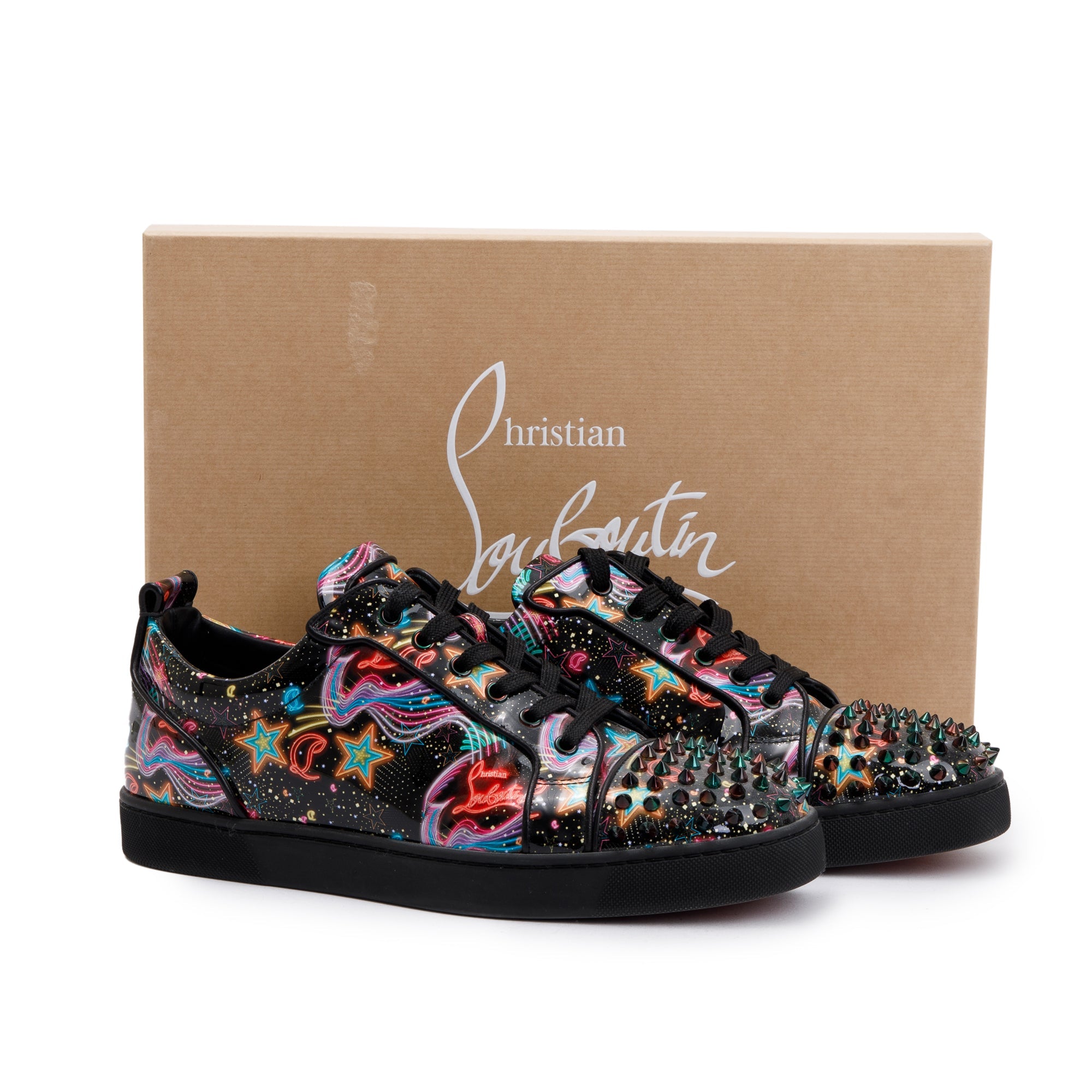 Christian Louboutin Black Multicolour Print Patent Leather Louis Junior Spikes Orlato Low-Top Sneakers, Size 42.5 w/ Box