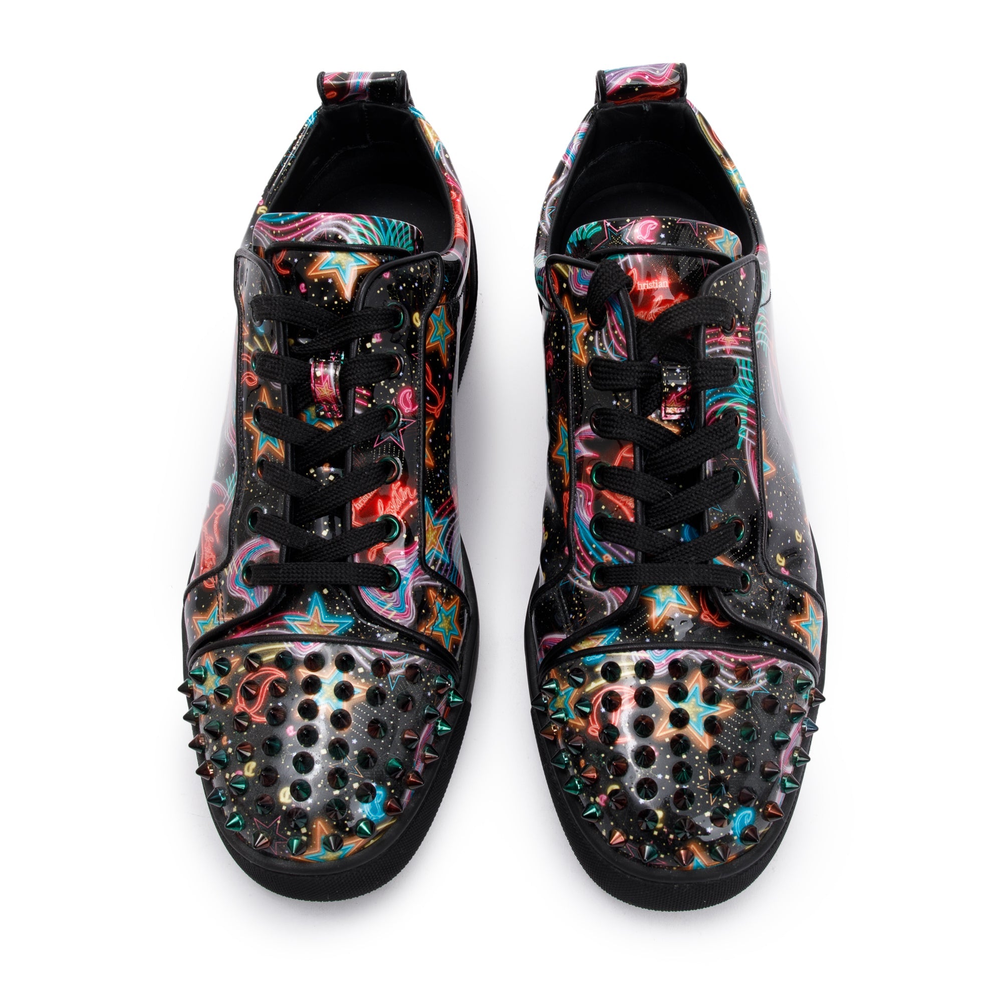 Christian Louboutin Black Multicolour Print Patent Leather Louis Junior Spikes Orlato Low-Top Sneakers, Size 42.5 w/ Box