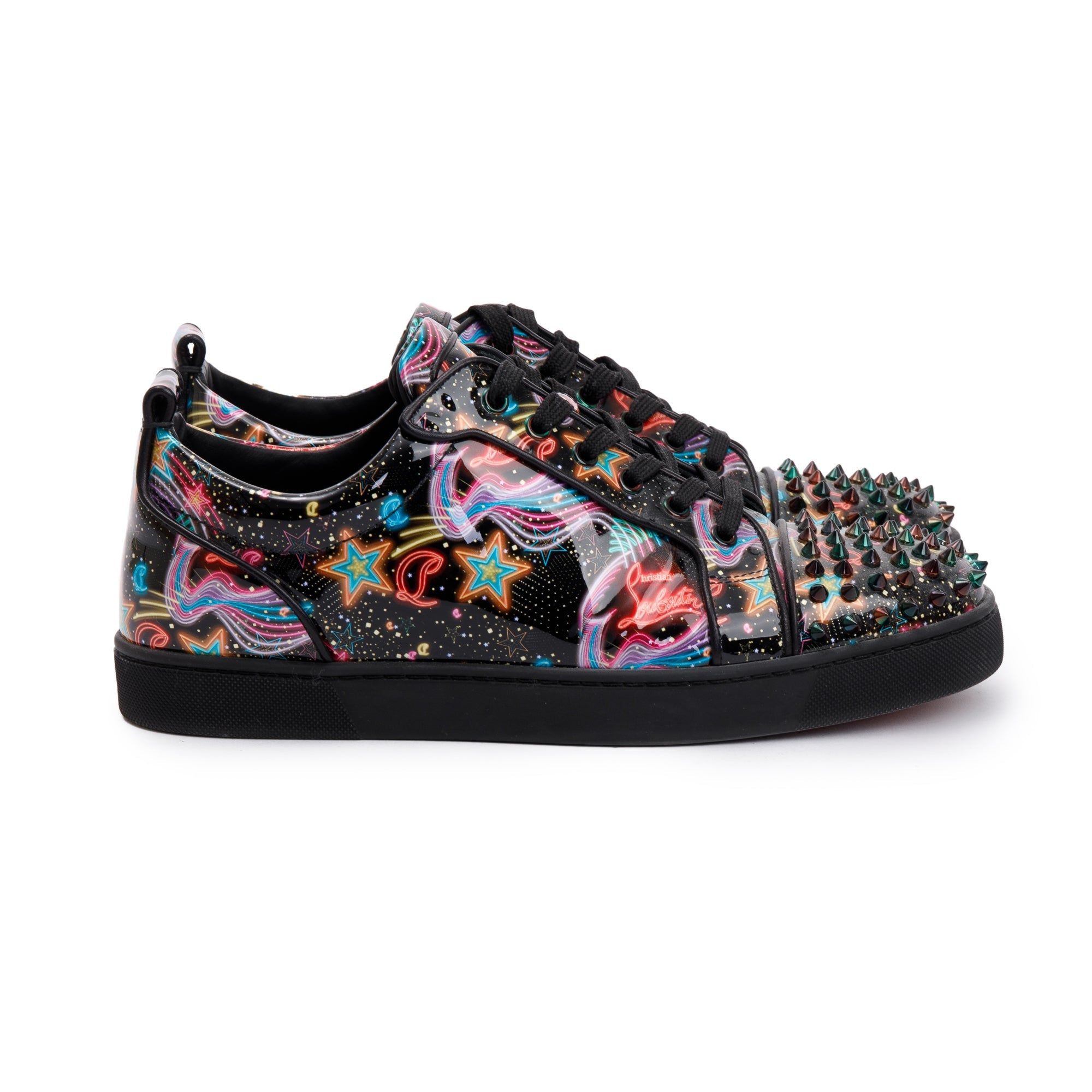 Christian Louboutin Black Multicolour Print Patent Leather Louis Junior Spikes Orlato Low-Top Sneakers, Size 42.5 w/ Box