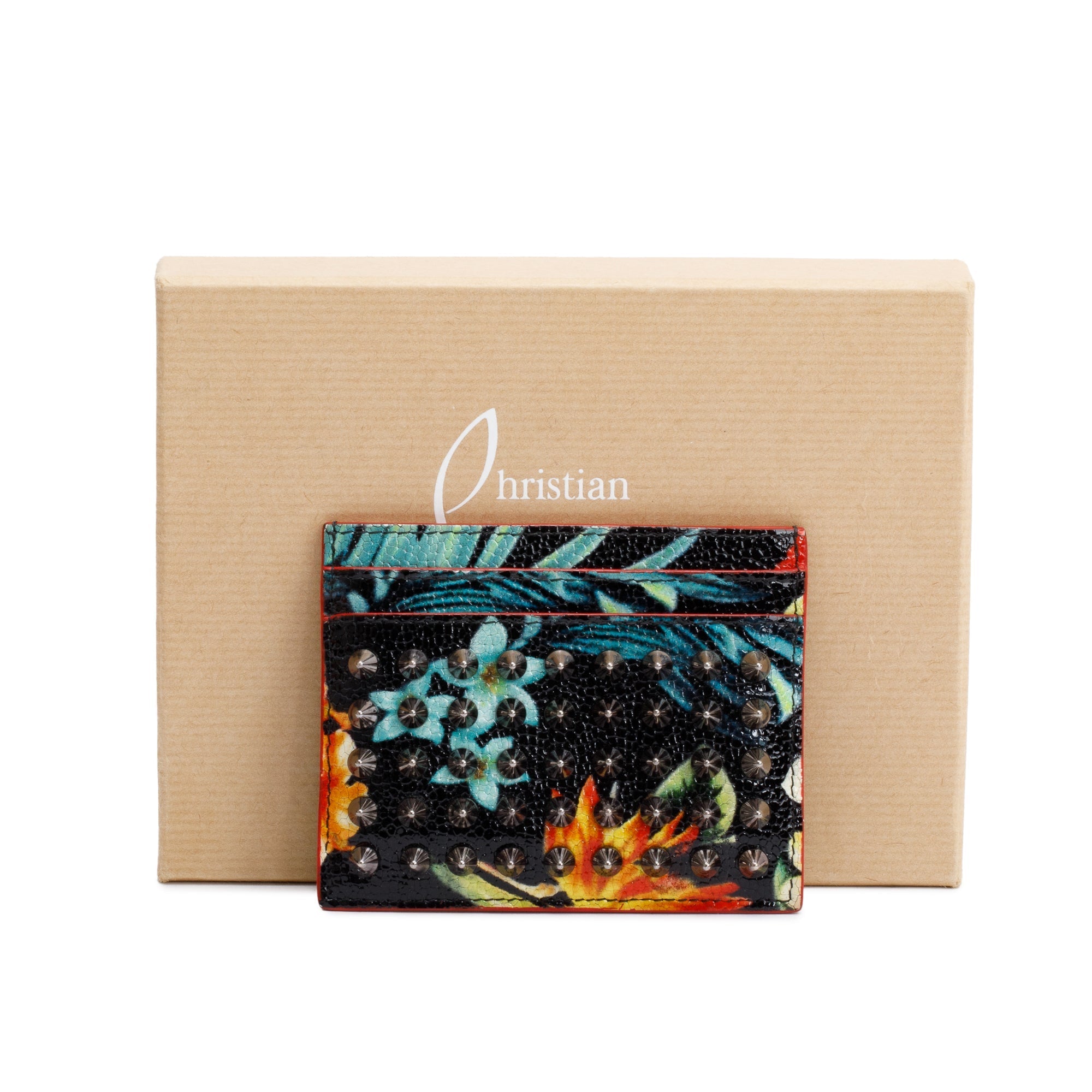 Christian Louboutin Black Patent Leather Hawaii Print Kios Spiked Card Holder w/ Box