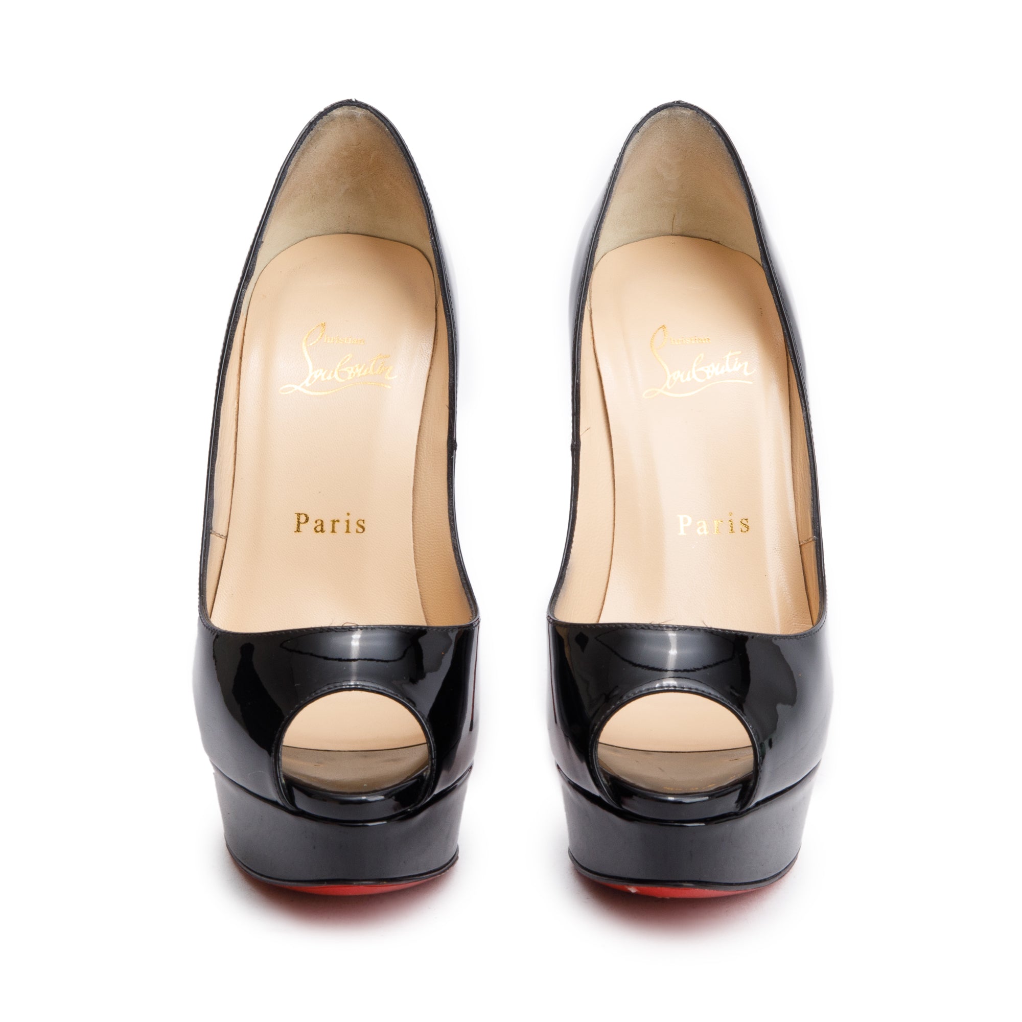 Christian Louboutin Black Patent Leather Lady Peep Pumps, Size 36.5 w/ Box & Receipt