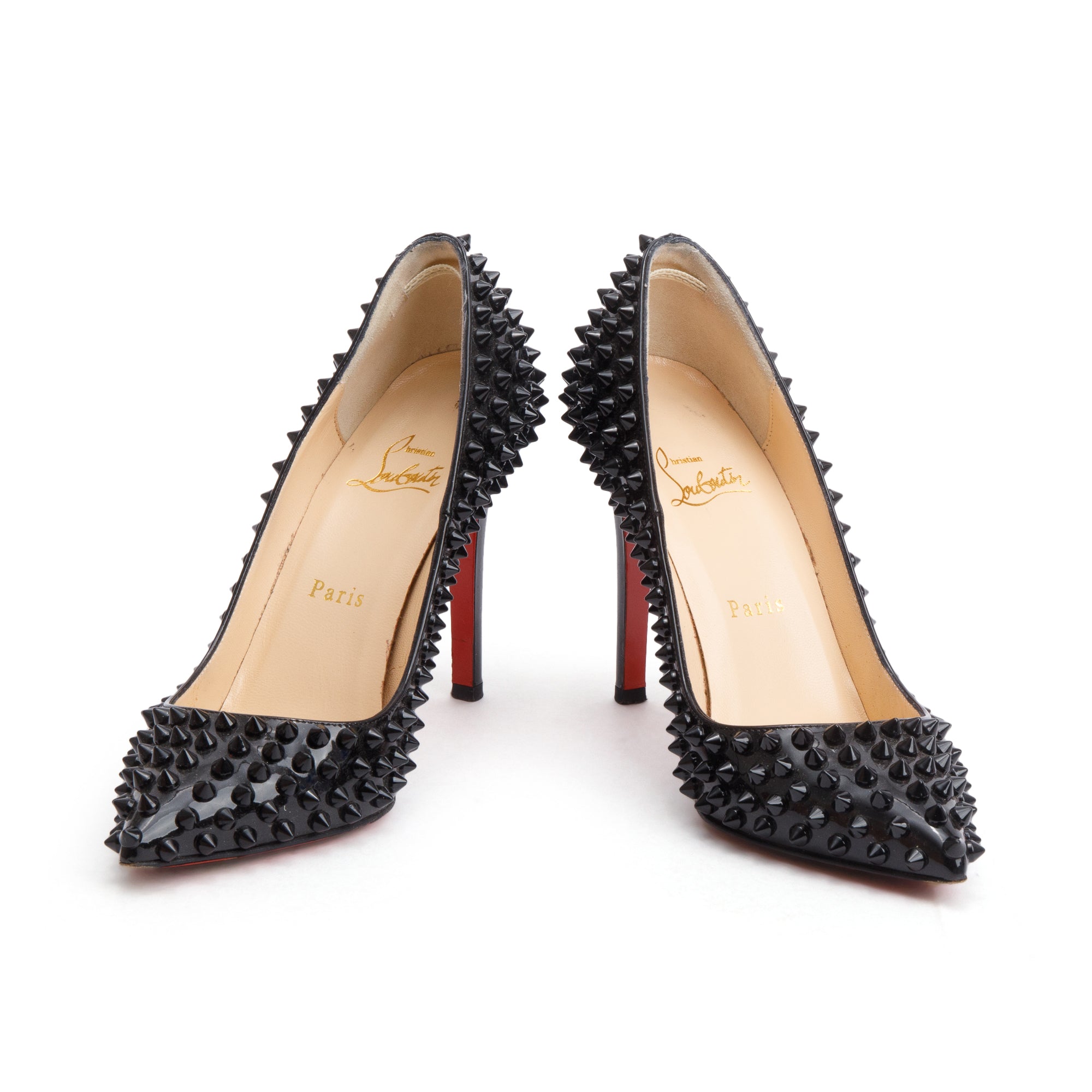 Christian Louboutin Black Patent Leather Pigalle Spike Pumps, Size 37