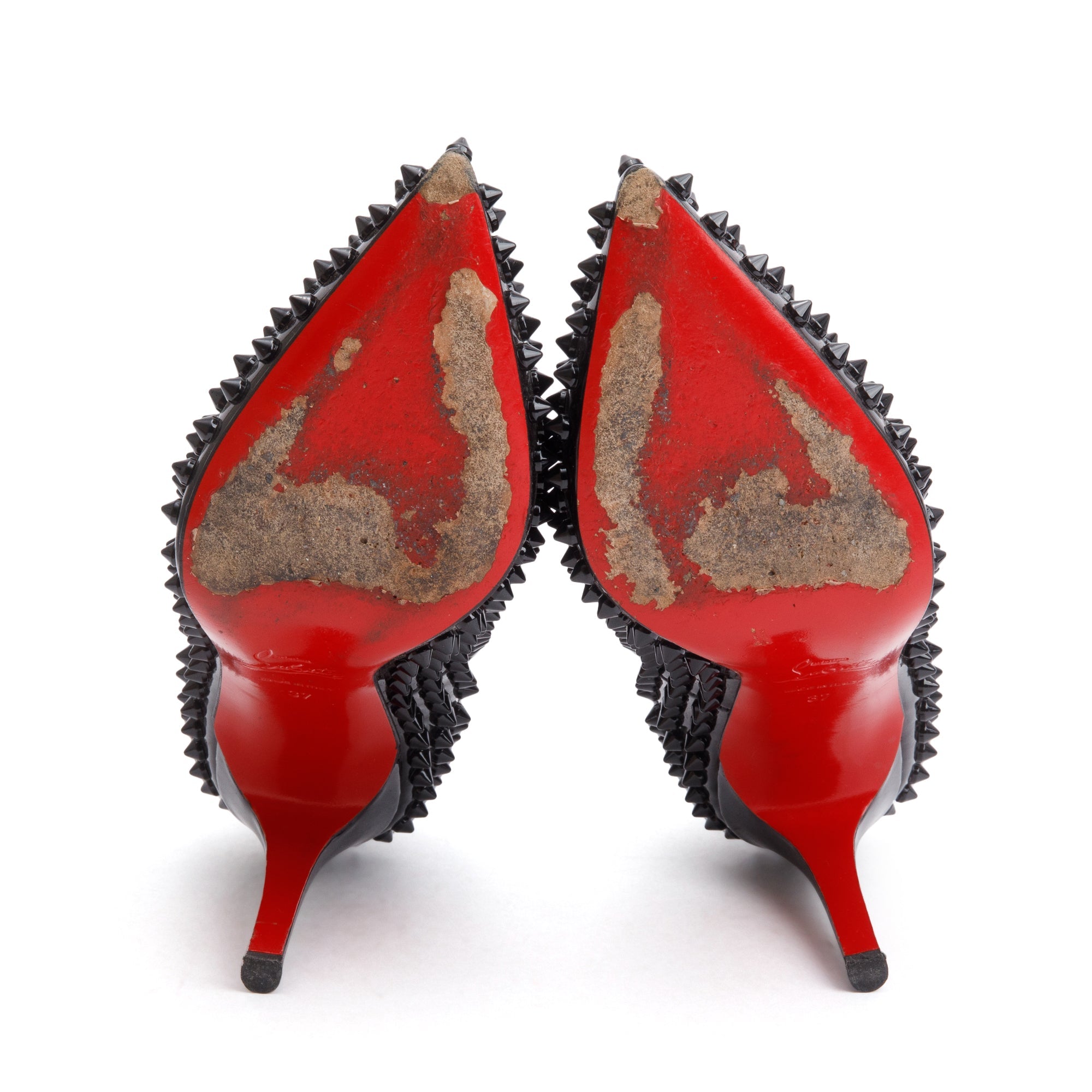 Christian Louboutin Black Patent Leather Pigalle Spike Pumps, Size 37
