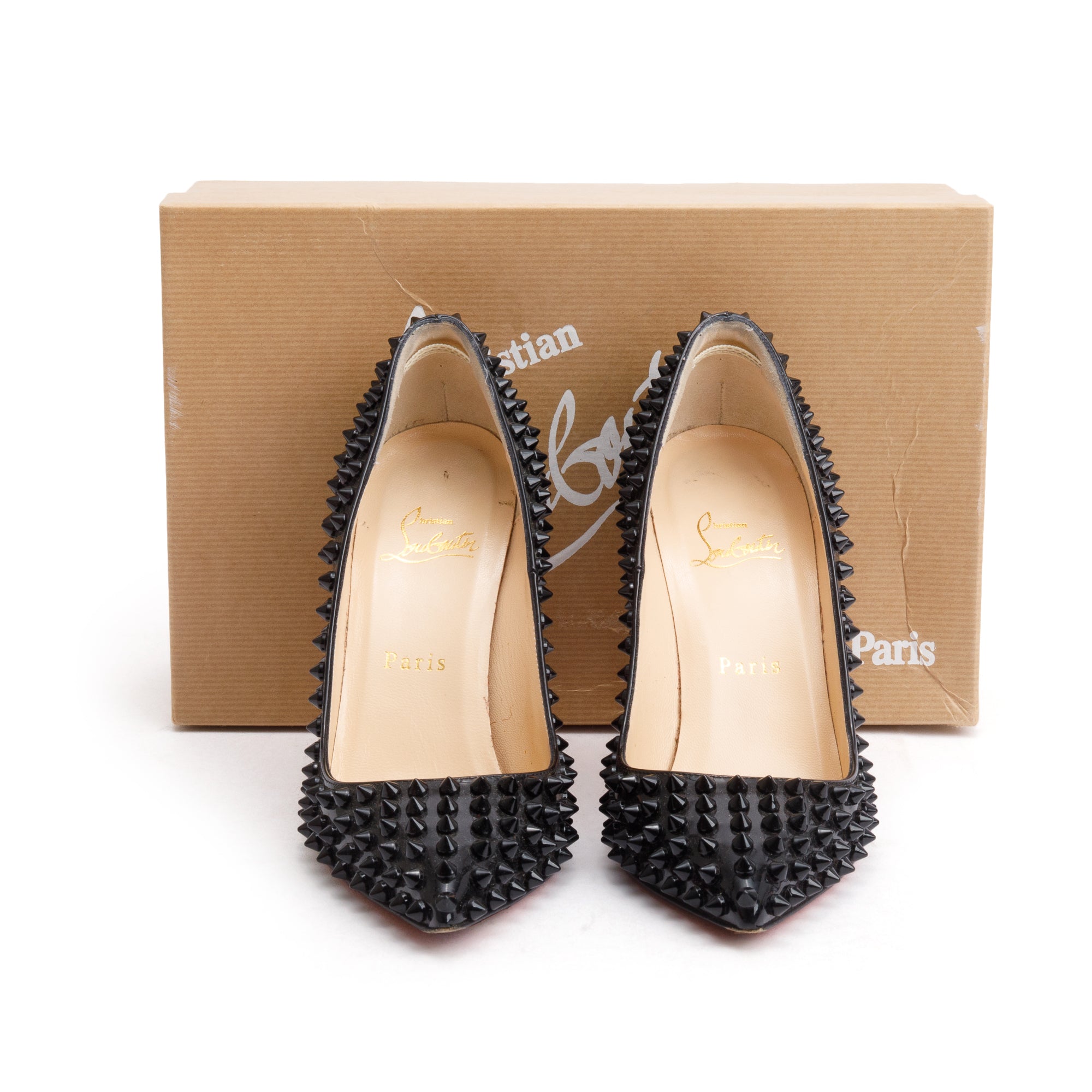 Christian Louboutin Black Patent Leather Pigalle Spike Pumps, Size 37