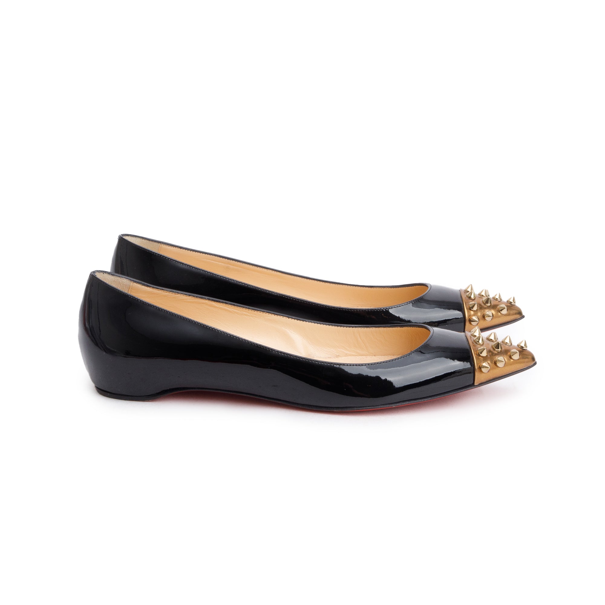 Christian Louboutin Black Patent Leather Studded Cap Toe Geo Flats, Size 36