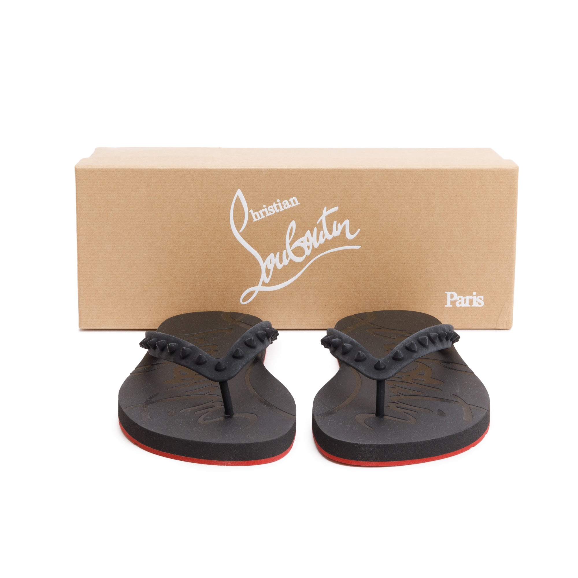 Christian Louboutin Black Rubber Loubi Flip Thong Sandals, Size 45 w/ Box