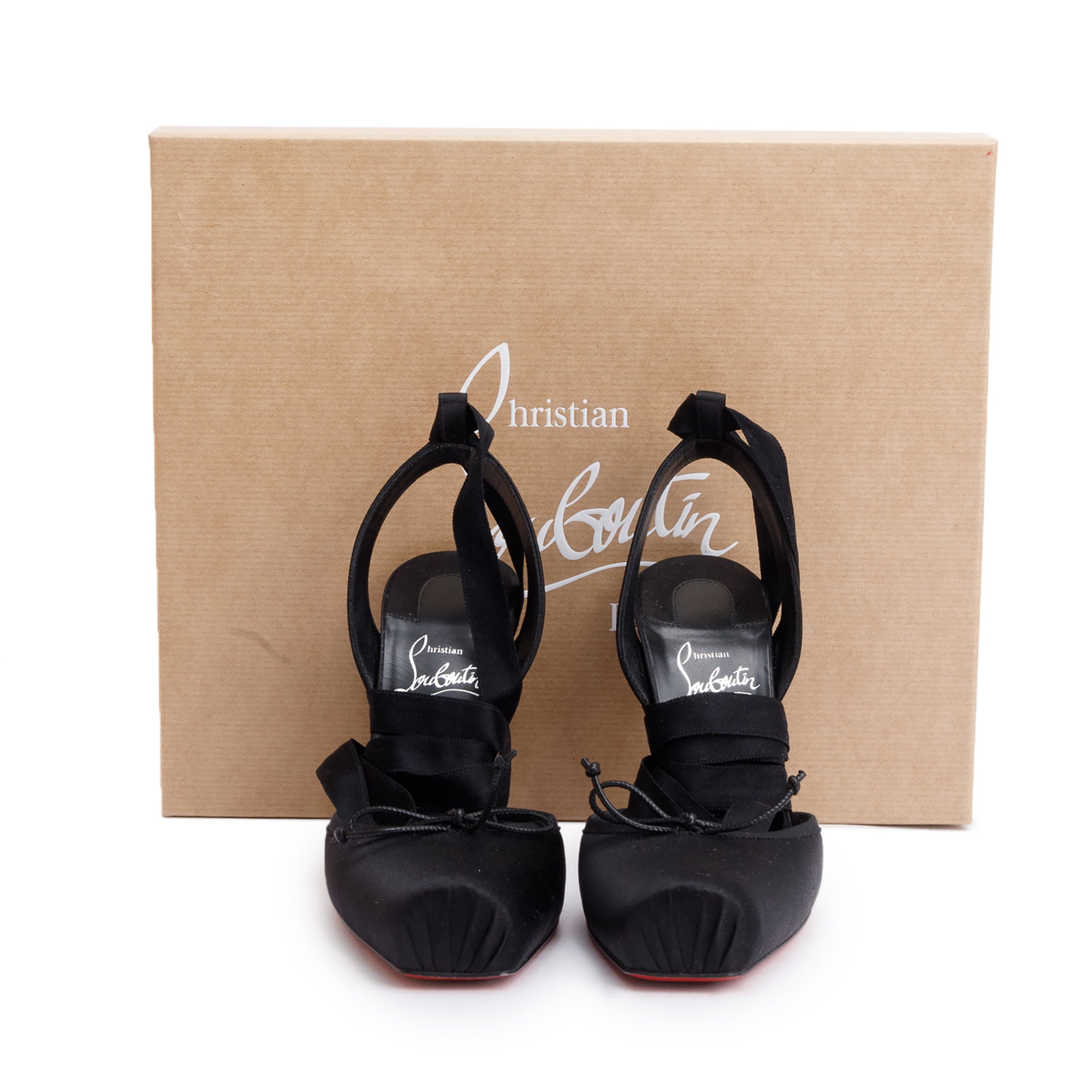 Christian Louboutin Black Satin Cassia Lace Up Pumps, Size 36 w/ Box