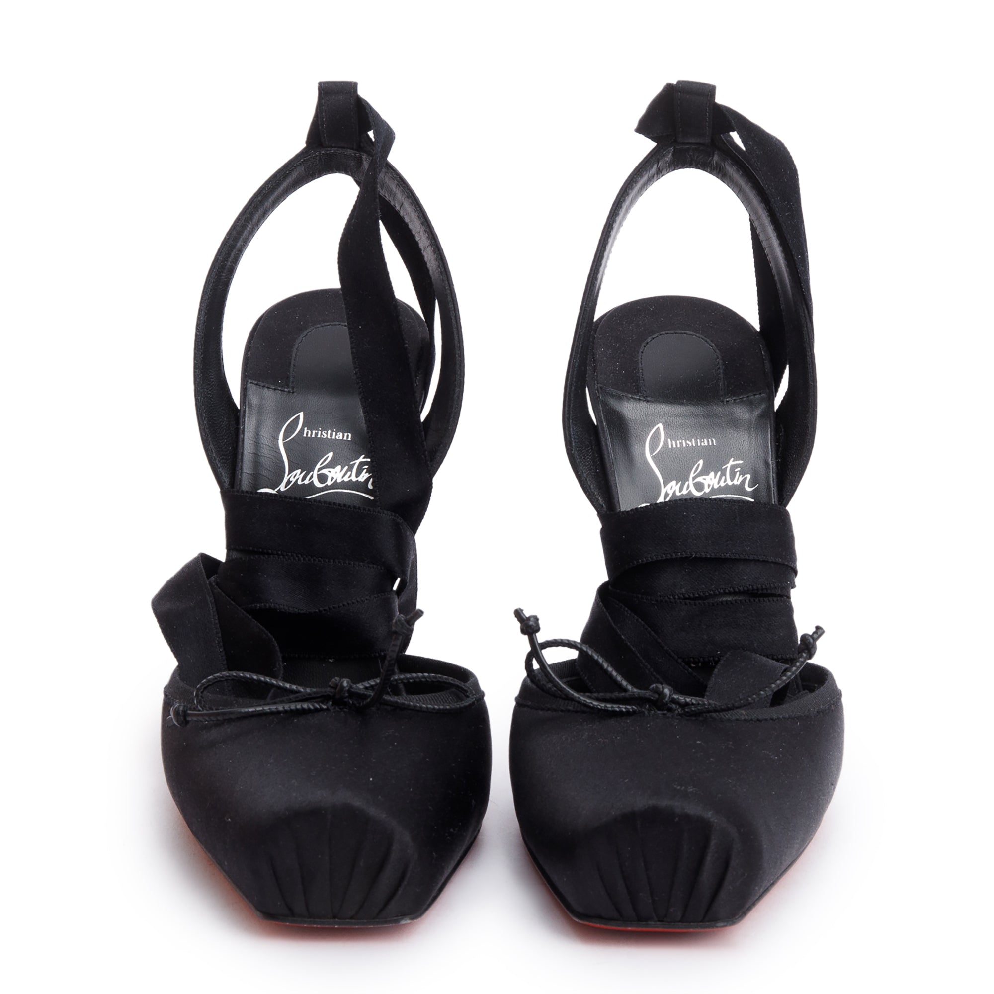 Christian Louboutin Black Satin Cassia Lace Up Pumps, Size 36 w/ Box